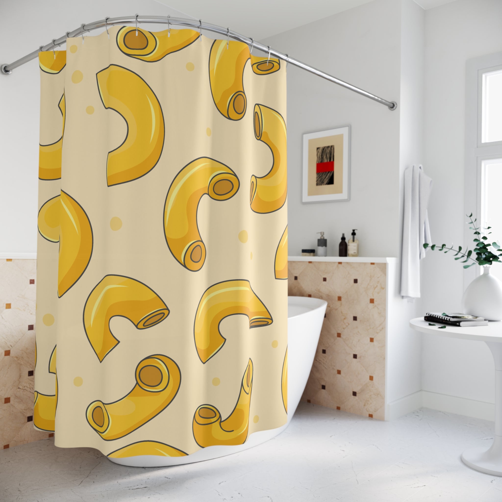 Macaroni Pattern Shower Curtain, Fun Bathroom Decor, Kitchen Theme, Gift for Chefs, Playful Home Accessories, Quirky Design