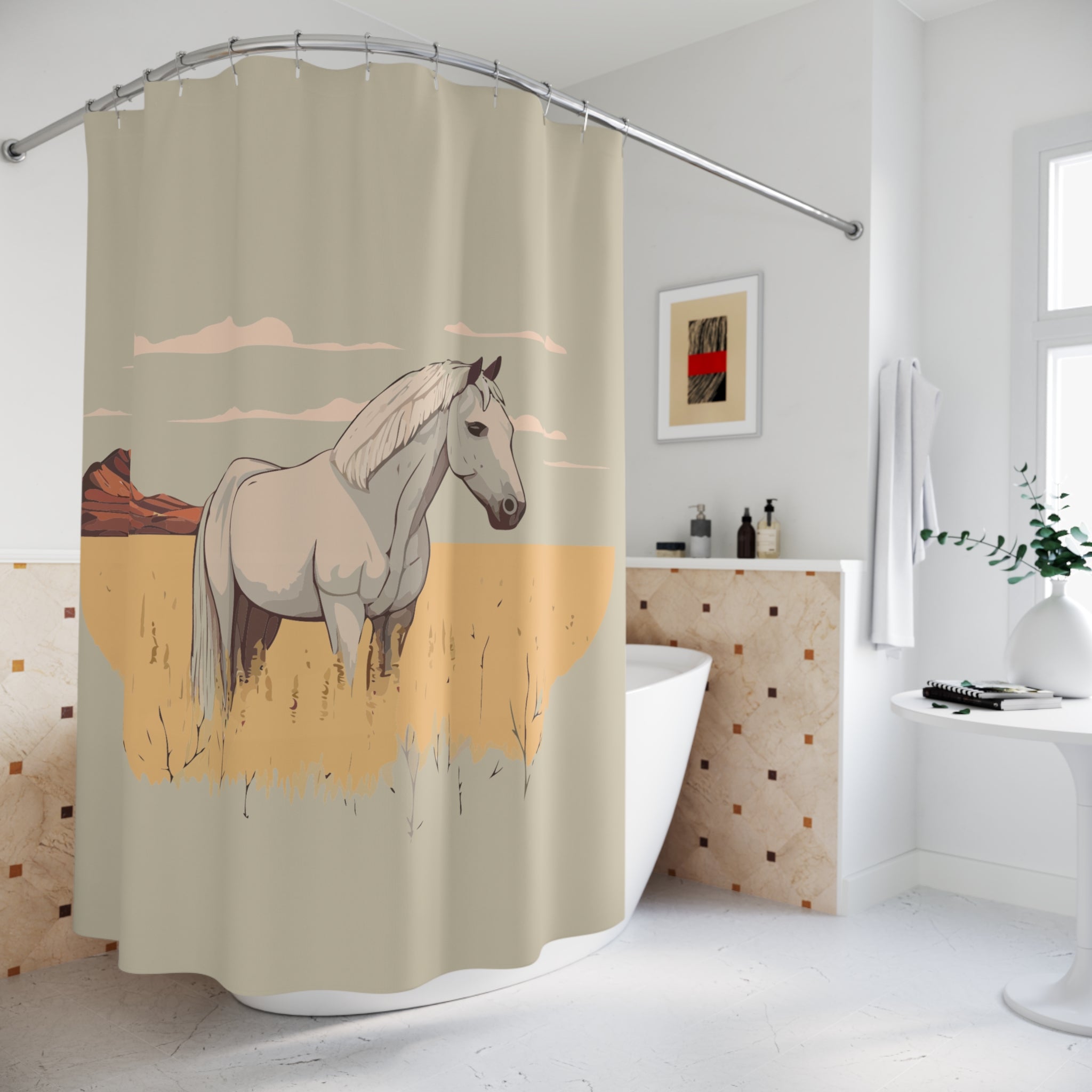 Horse Landscape Shower Curtain | Bohemian Bathroom Decor, Equestrian Gifts, Nature-Themed Home, Unique Shower Drapes, Horse Lover Decor