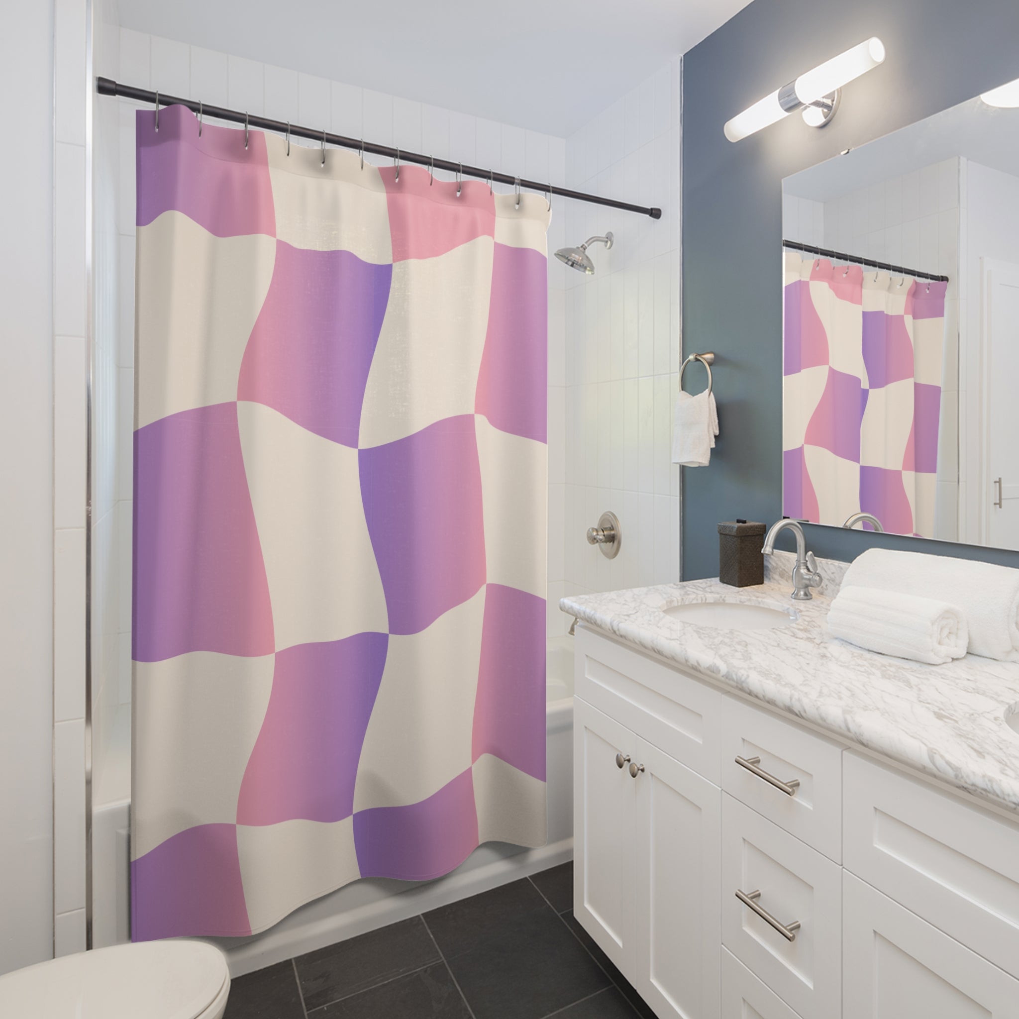Colorful Checkered Wave Shower Curtain, Vibrant Bathroom Decor, Unique Gift for Home, Modern Design, Rainbow Curtain, Stylish Bath Accessory