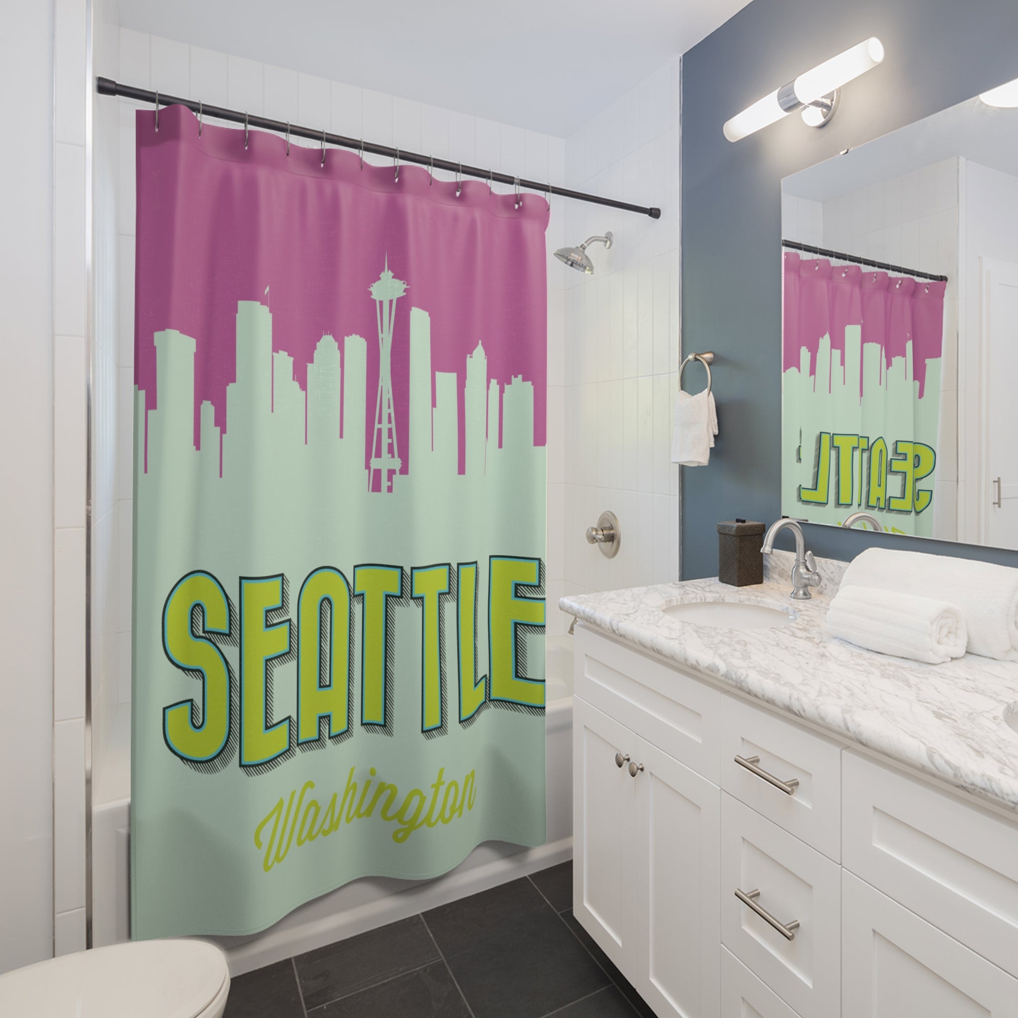 Seattle Skyline Pink Shower Curtain - Vibrant Home Decor for Bathroom, Unique Gift for Seattle Lovers, Travel Souvenir, Cityscape Design