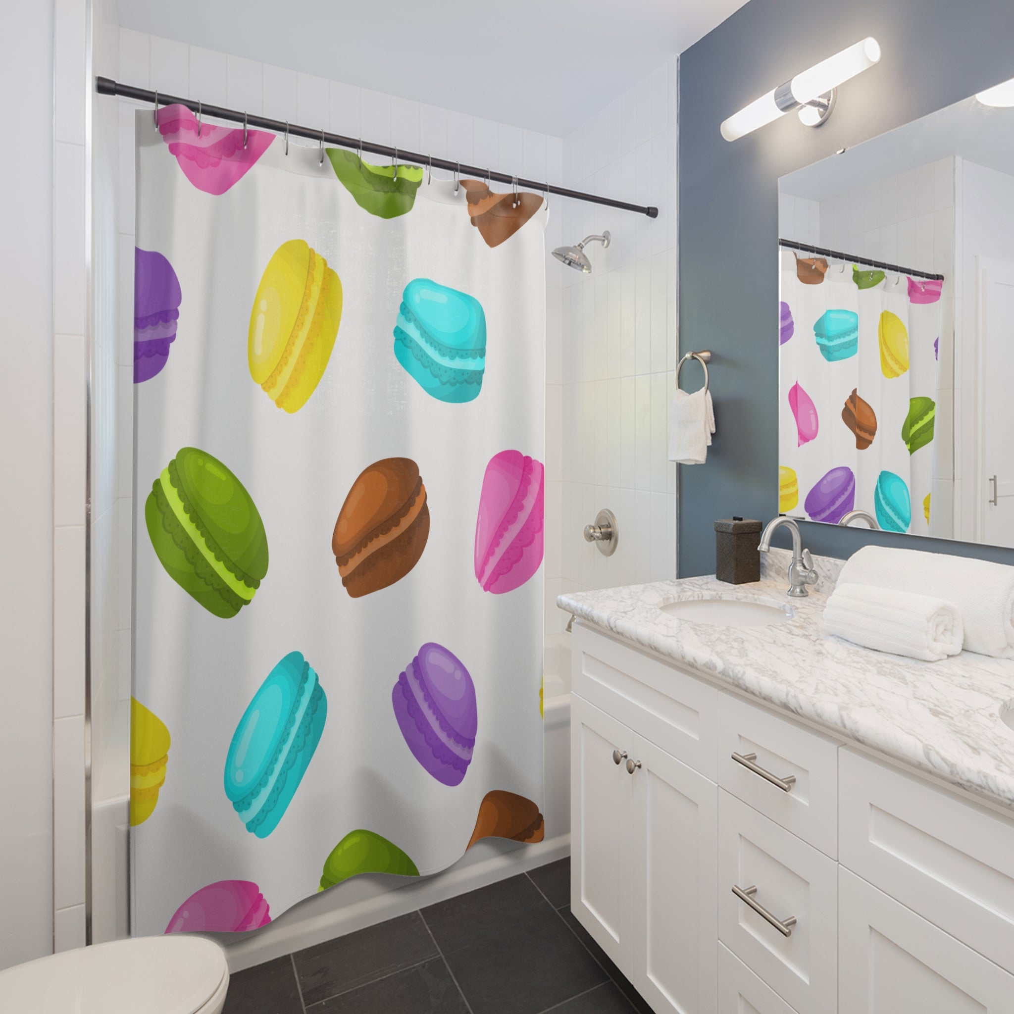 Colorful Macaron Patterned  Shower Curtain - Fun Bathroom Decor, French Pastry Design, Kitchen or Bath Accessory, Gift for Food Lovers