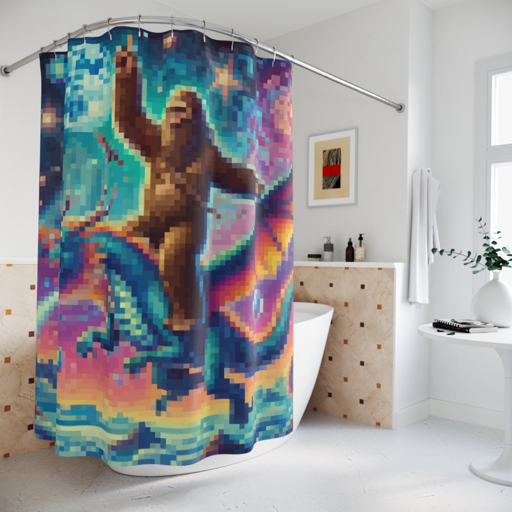 Cosmic Pixelated Bigfoot and Dragon Shower Curtain