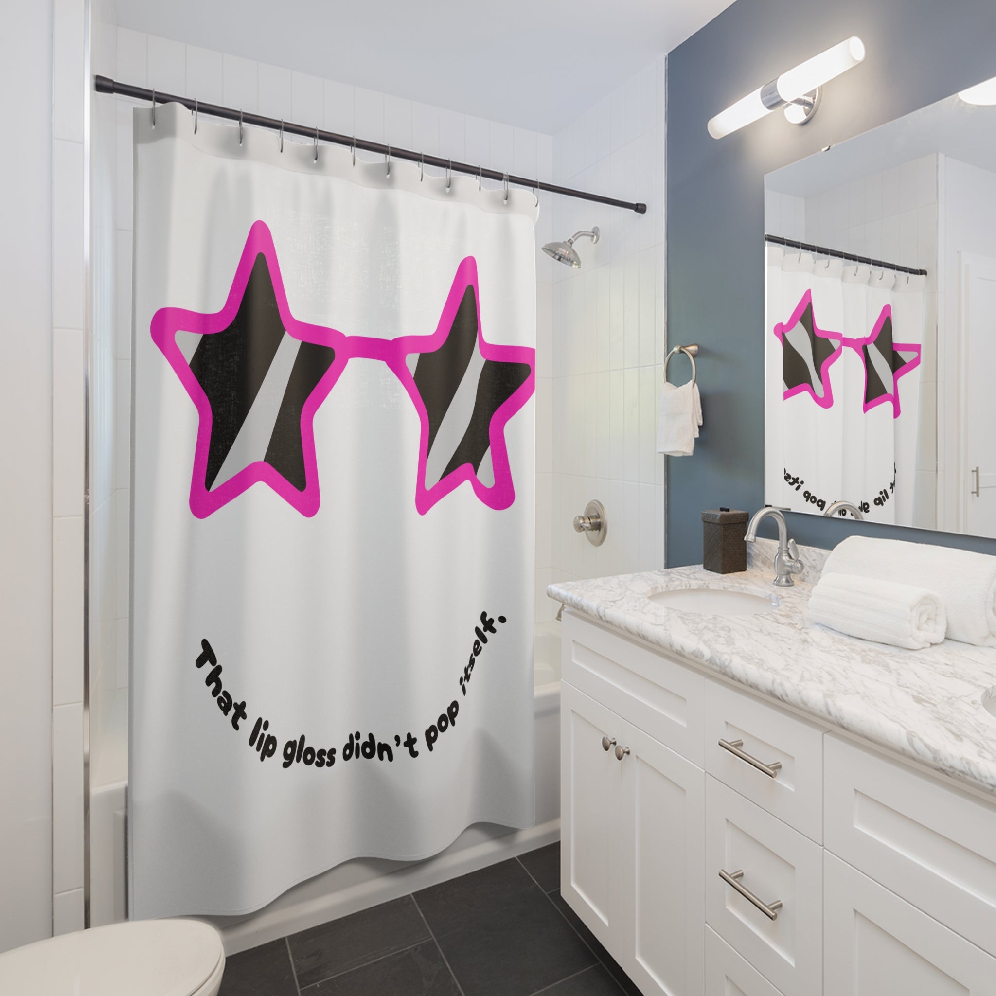 That lip gloss didn’t pop itself. Star Sunglasses Shower Curtain