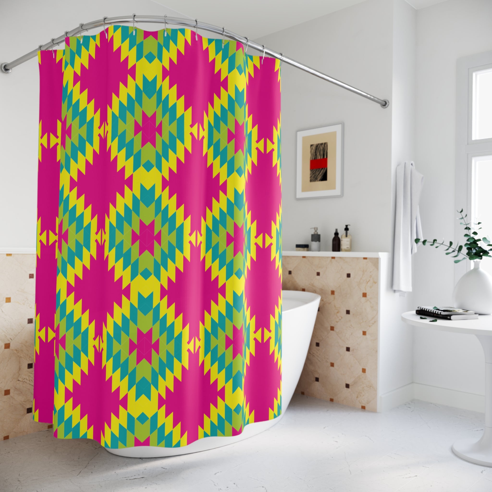 Mexican Folklore Blanket Pattern Vibrant Geometric Shower Curtains, Colorful Bathroom Decor, Boho Chic Home Accessory, Gift for Her, Fun Party Decoration