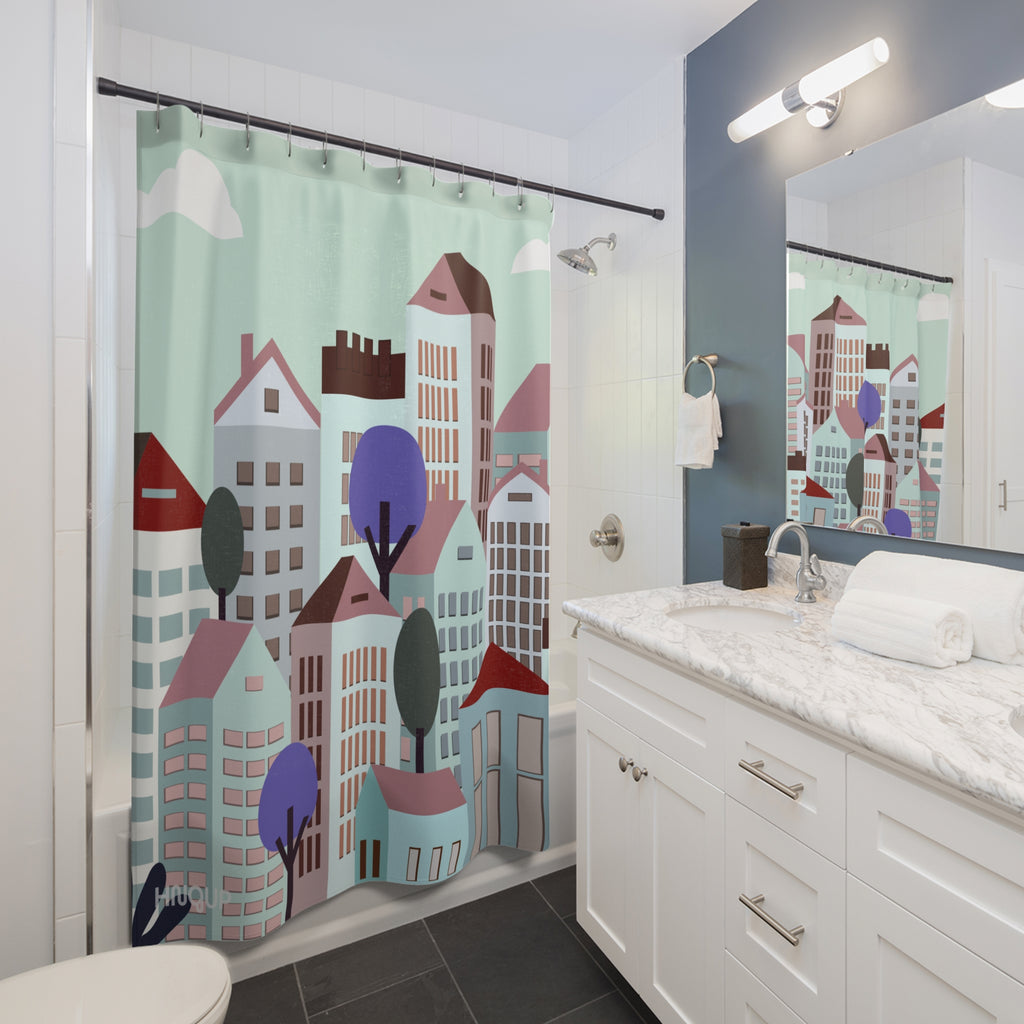 Cityscape Minimalist Shower Curtain | Modern Bathroom Decor | Home Accent | Urban Style | Gift for Housewarming, Holiday, Apartment Decor