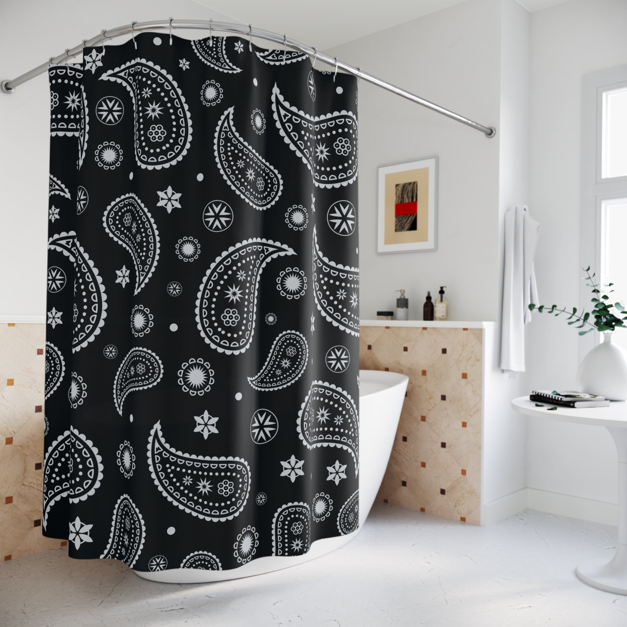 Black Bandana Pattern Shower Curtain, Bohemian Bathroom Decor, Black White Paisley Curtain, Floral Shower Curtains, Vintage Style
