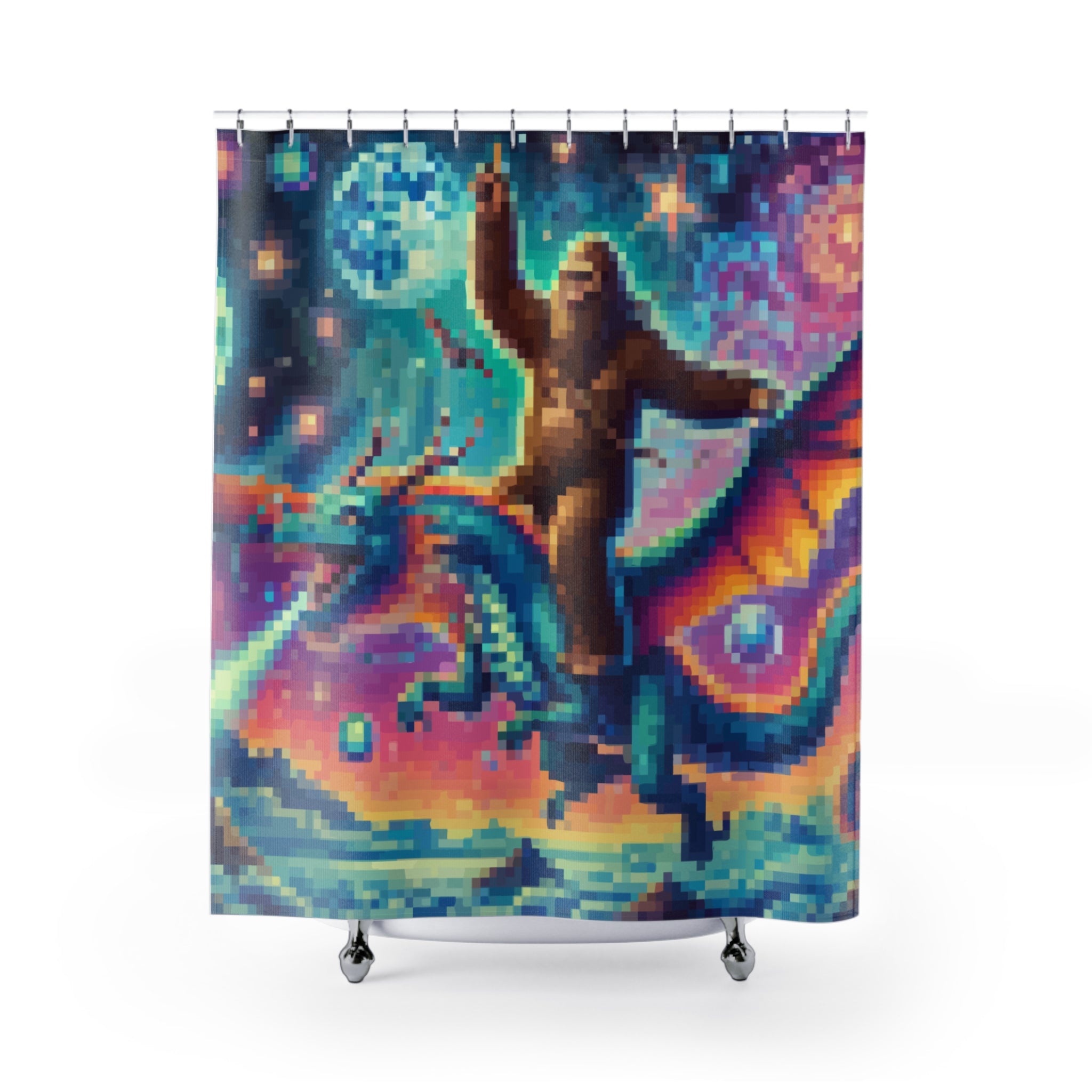 Cosmic Pixelated Bigfoot and Dragon Shower Curtain