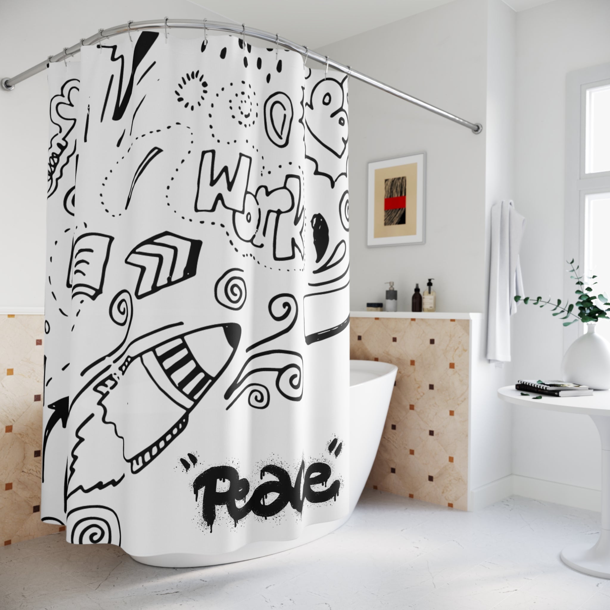 Creative Doodle Shower Curtain - Artistic Bathroom Decor, Peaceful Vibes, Unique Gift, Modern Home Design, Fun Accent for Kids' Bath