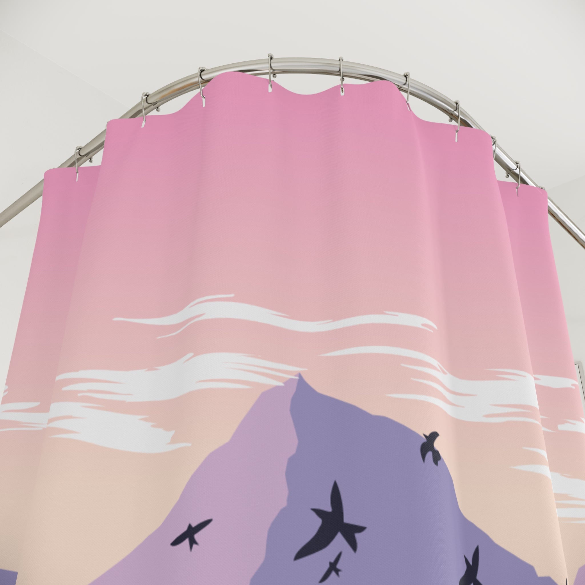 Mountain Pink Sunset and Birds Shower Curtain, Nature-Themed Bathroom Decor, Boho Home Accessory, Relaxing Vibe, Gifts for Nature Lovers