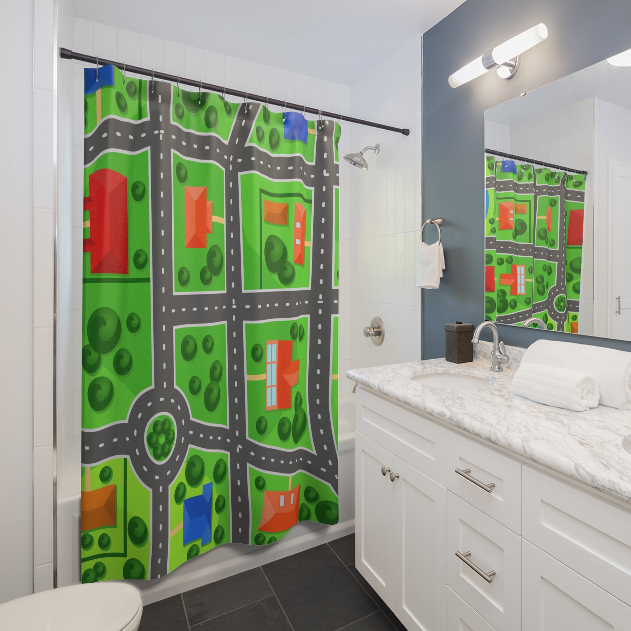 Playful Neighborhood Cartoonish Shower Curtains, Fun Bathroom Decor, Kids' Room Accessory, Gift for Housewarming, Bright & Colorful