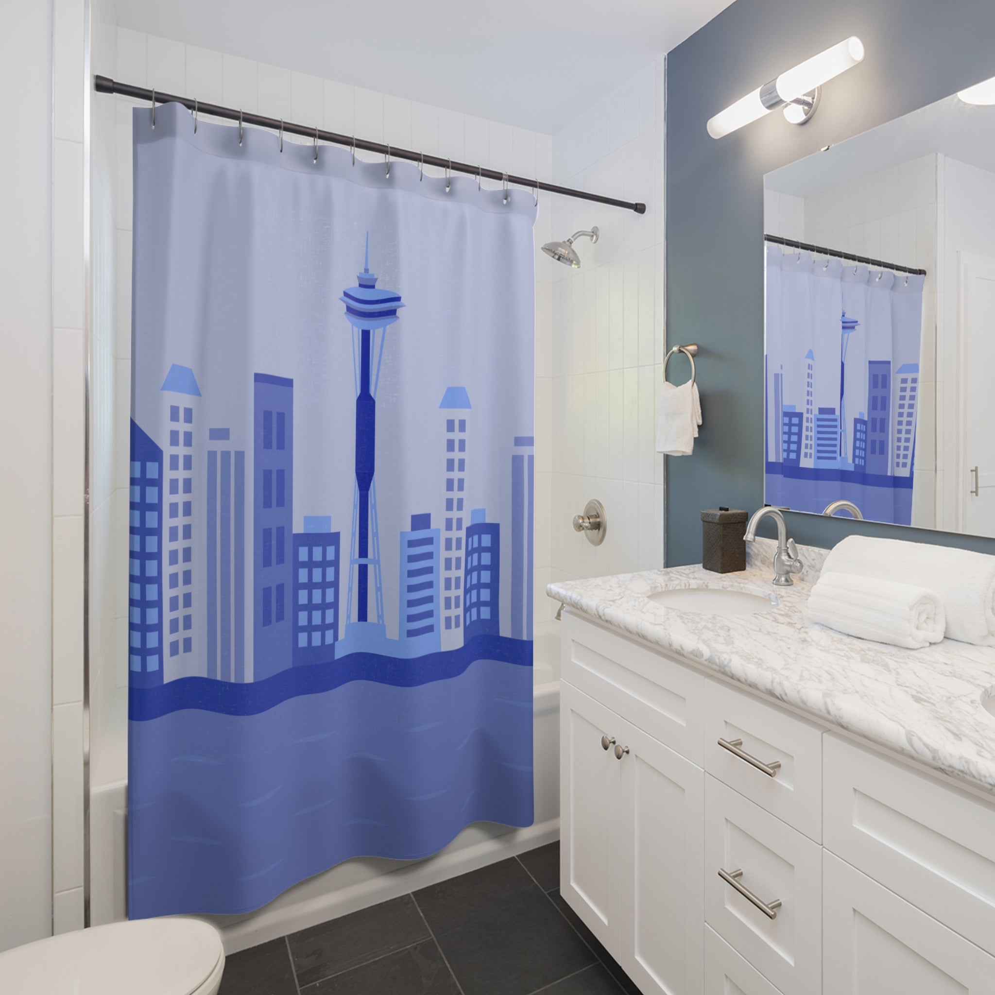 Seattle Skyline Blue Shower Curtain, Modern Bath Decor, Urban Design Shower Curtain, Gift for Home, Bathroom Accessories, Unique Shower Decor