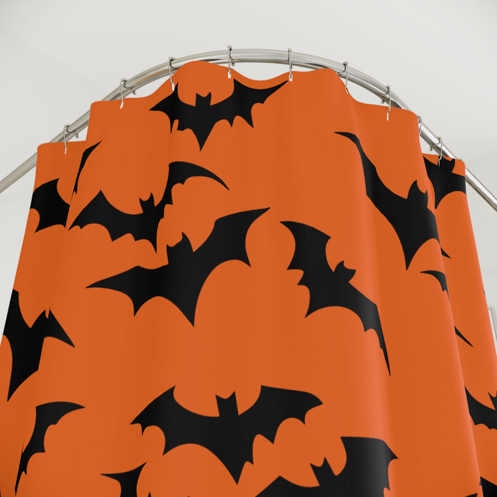 Halloween Bat Shower Curtain Orange Background, Spooky Bathroom Decor, Halloween Party Decor, Seasonal Home Accents, Autumn Vibes