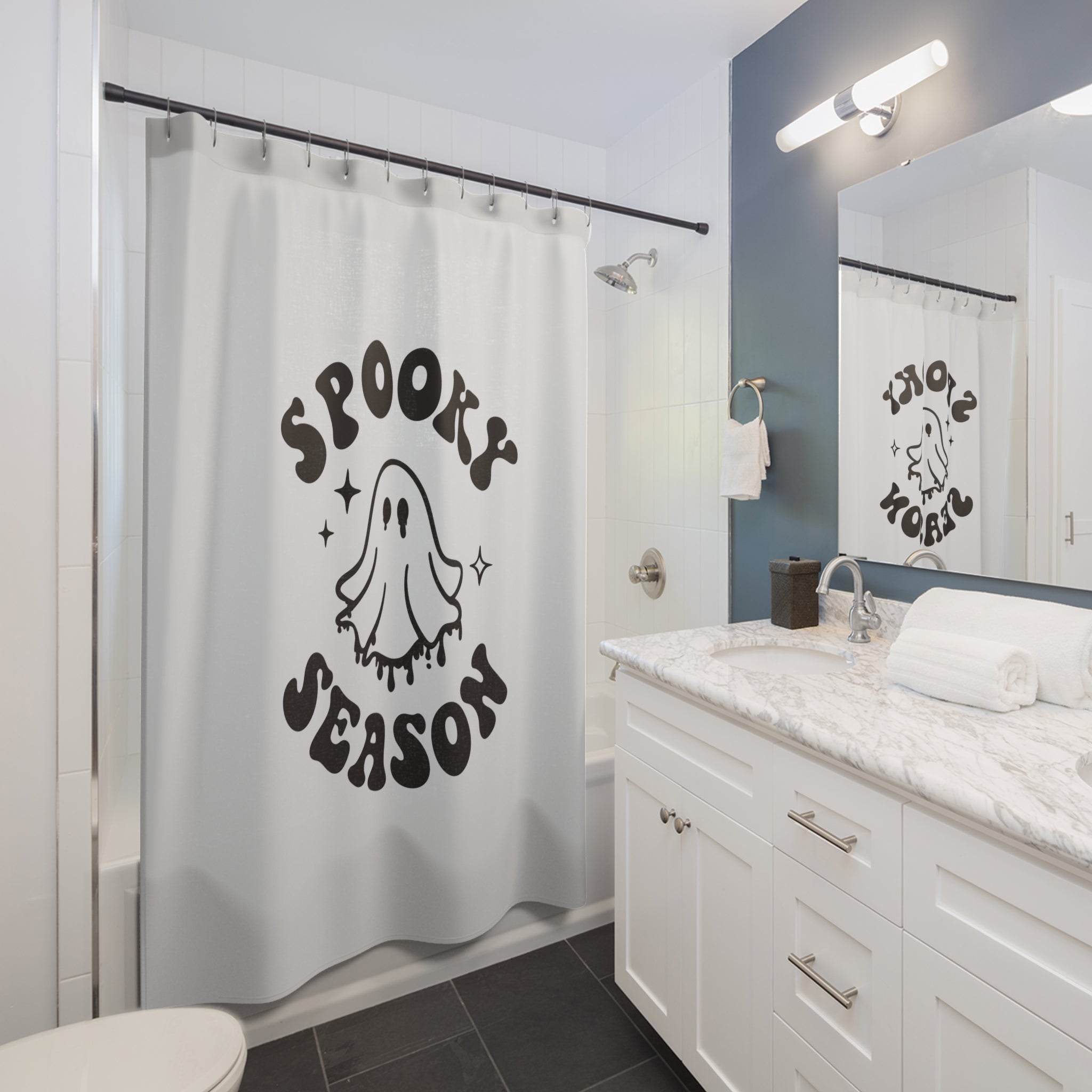 Spooky Season Shower Curtain, Halloween Decor, Ghost Theme Bathroom Accessory, Holiday Gift, Fun Home Decor, Seasonal Bathroom