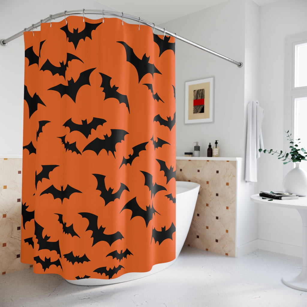 Halloween Bat Shower Curtain Orange Background, Spooky Bathroom Decor, Halloween Party Decor, Seasonal Home Accents, Autumn Vibes