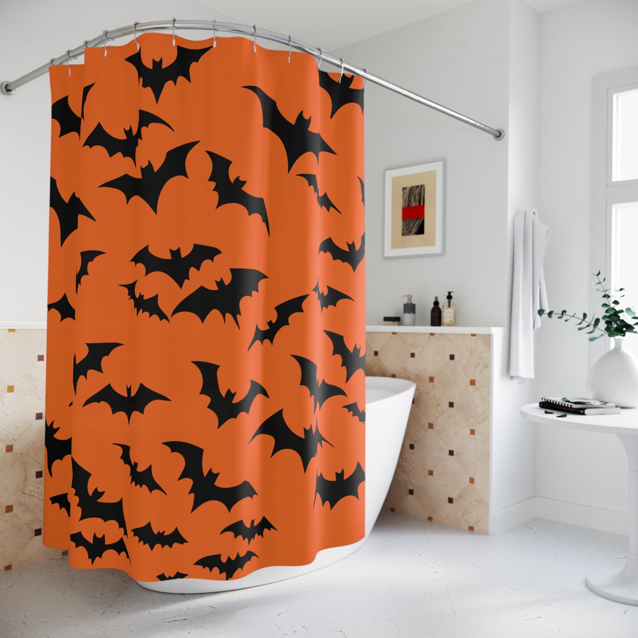 Halloween Bat Shower Curtain Orange Background, Spooky Bathroom Decor, Halloween Party Decor, Seasonal Home Accents, Autumn Vibes