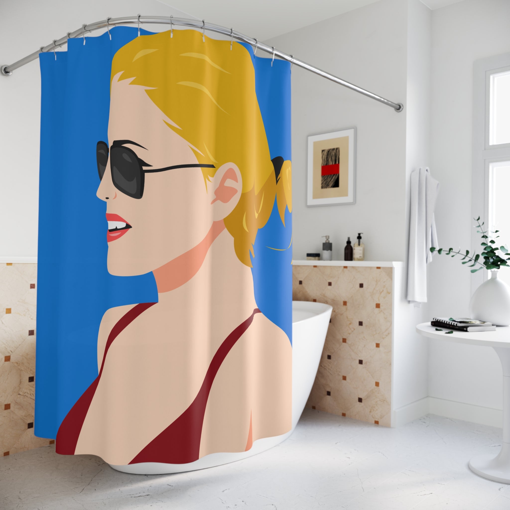 Judgmental Blonde Woman Shower Curtain, Glamorous Bathroom Decor, Summer Oasis, Fun Modern Design, Gifts for Her, Vacation Home Essentials