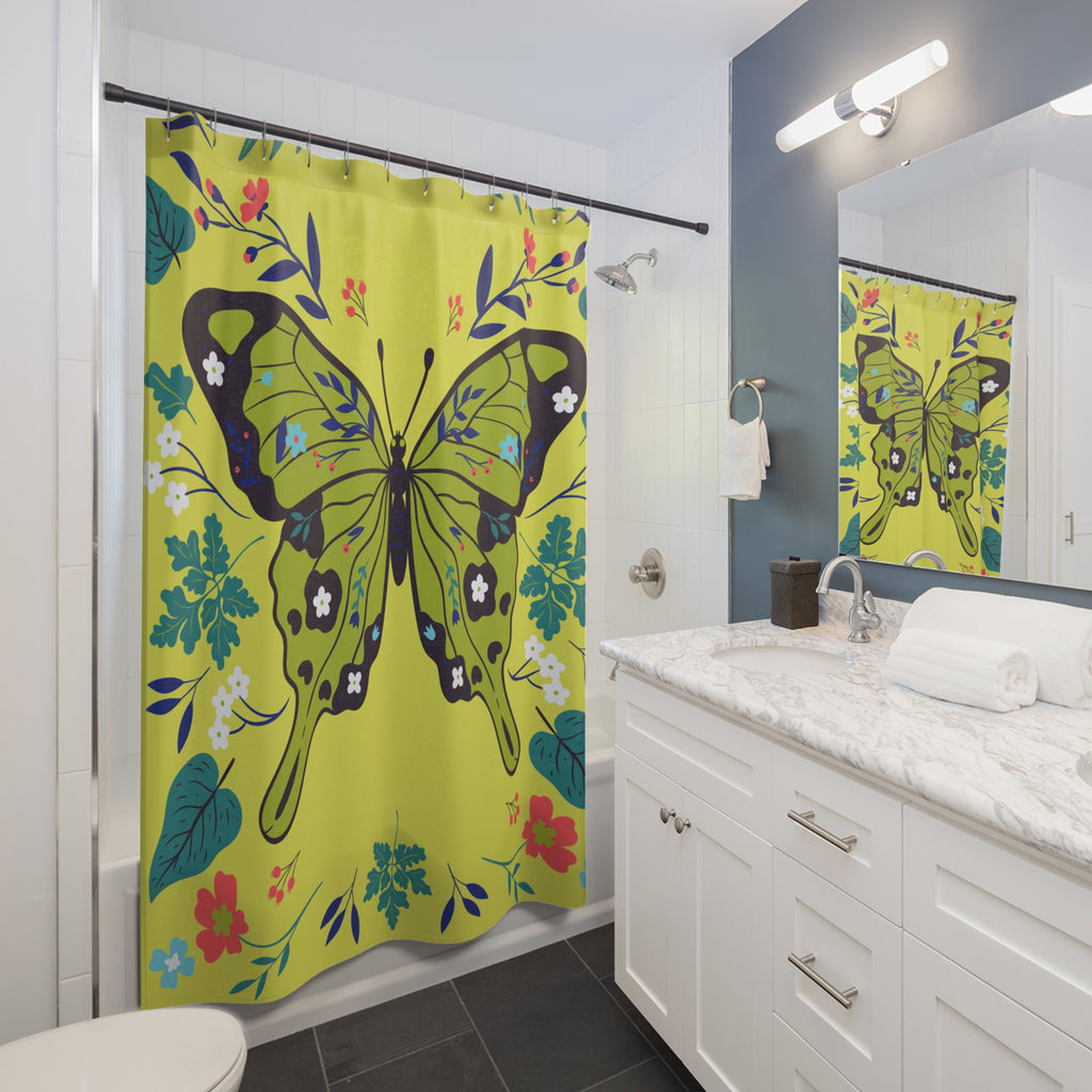Butterfly Floral Shower Curtain, Vibrant Bathroom Decor, Nature-Inspired Gift, Summer Vibes, Home Decoration, Unique Design