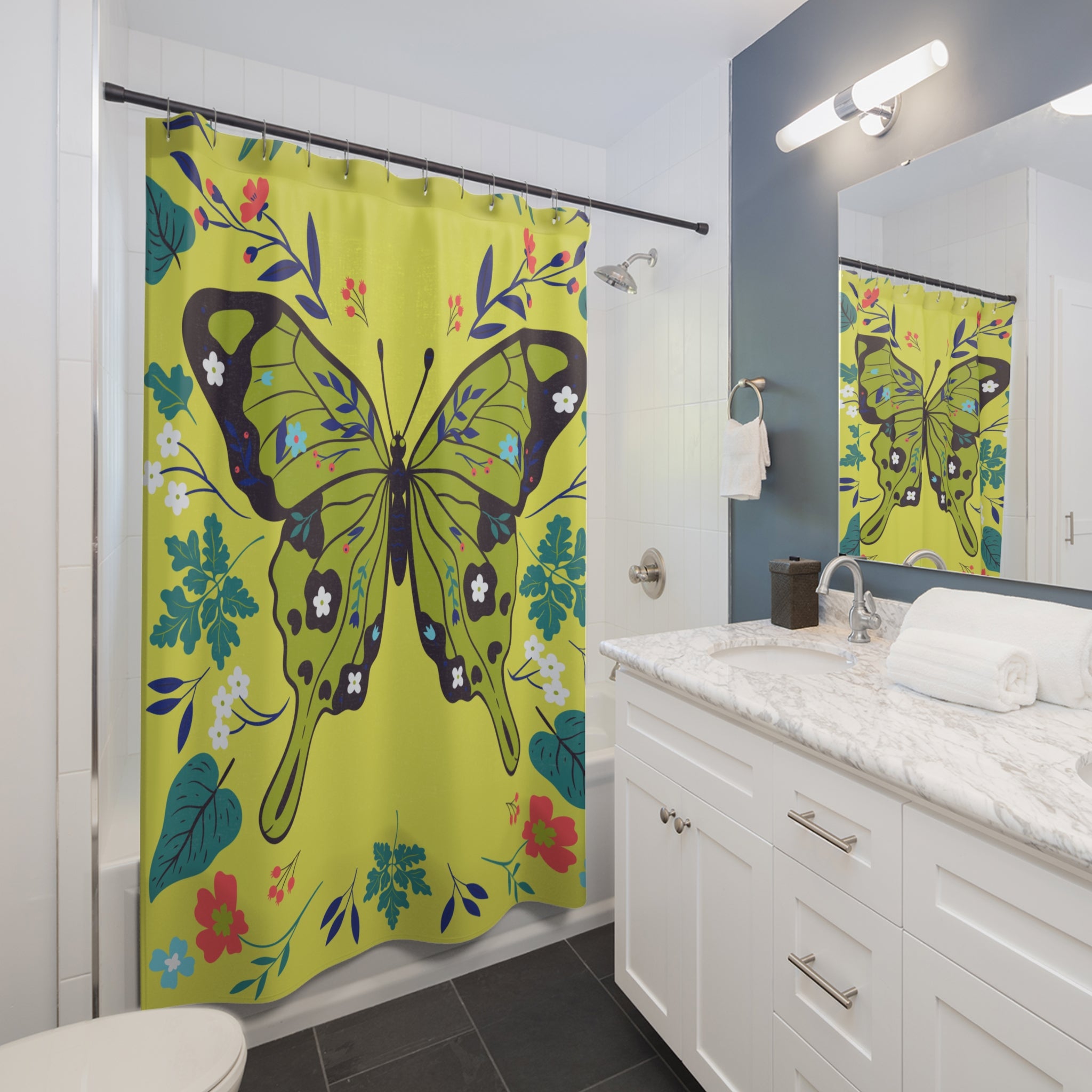 Butterfly Floral Shower Curtain, Vibrant Bathroom Decor, Nature-Inspired Gift, Summer Vibes, Home Decoration, Unique Design