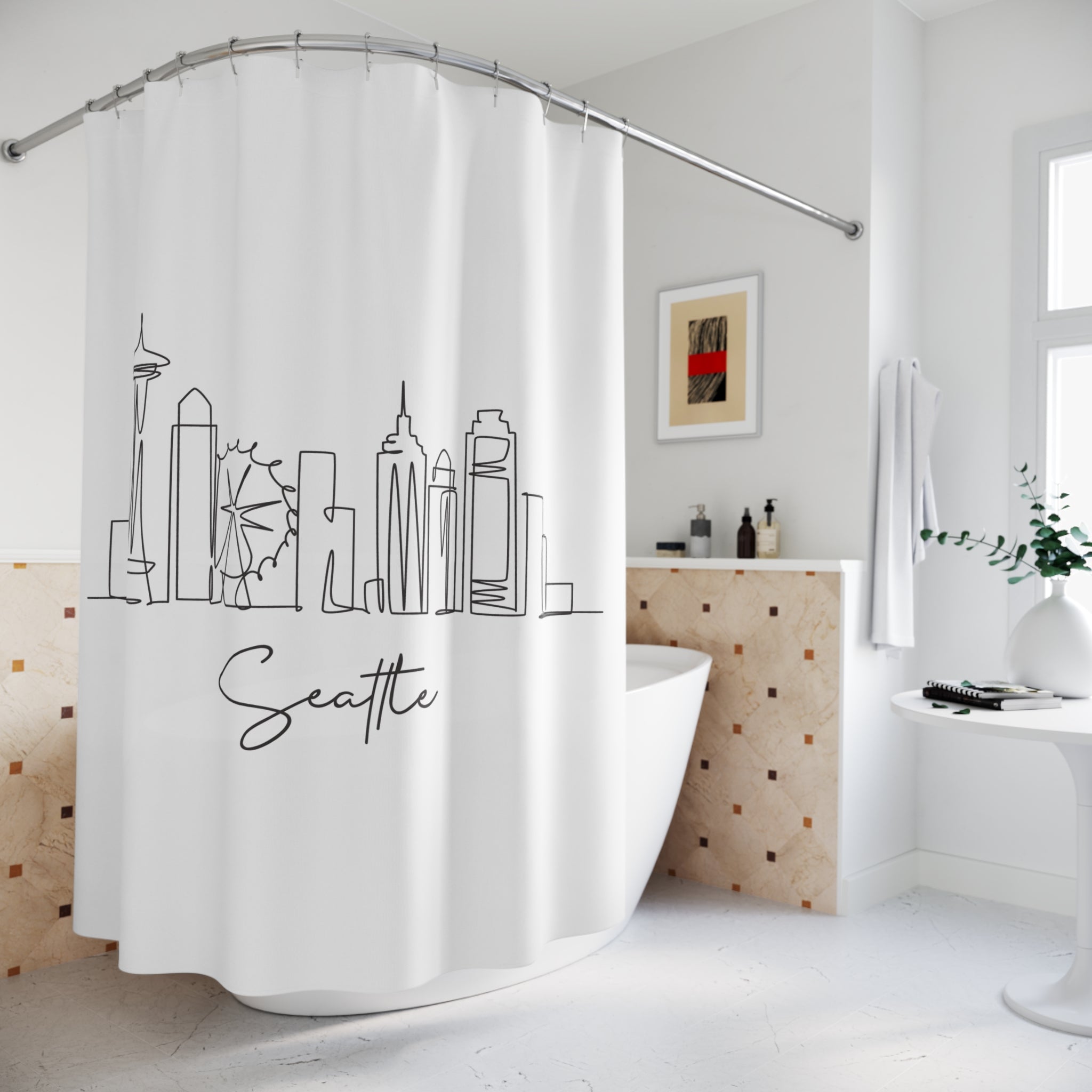 Seattle Skyline Minimalist Shower Curtain - Modern Bathroom Decor, City Lover Gift, Urban Home Accessories, Unique Housewarming Present