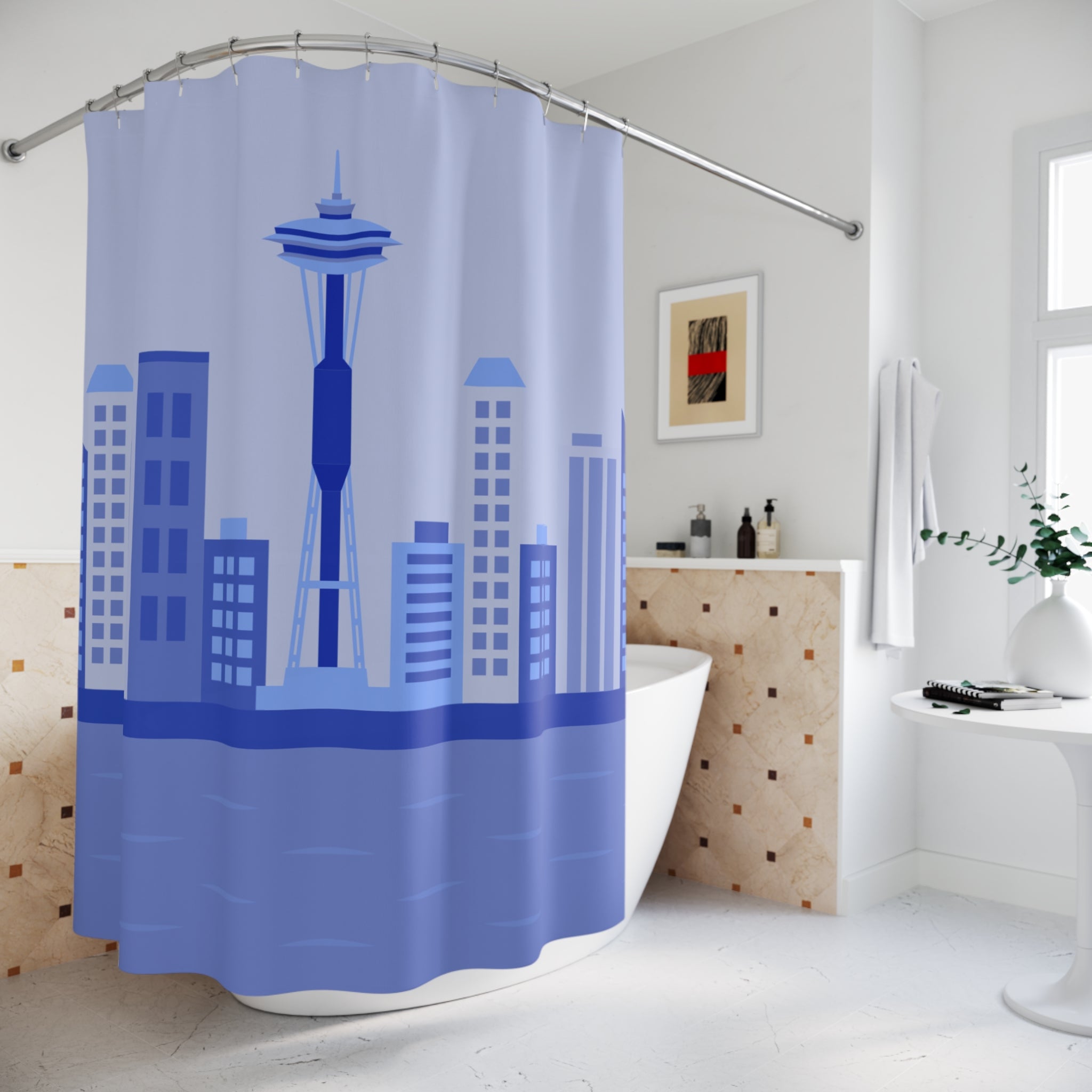 Seattle Skyline Blue Shower Curtain, Modern Bath Decor, Urban Design Shower Curtain, Gift for Home, Bathroom Accessories, Unique Shower Decor