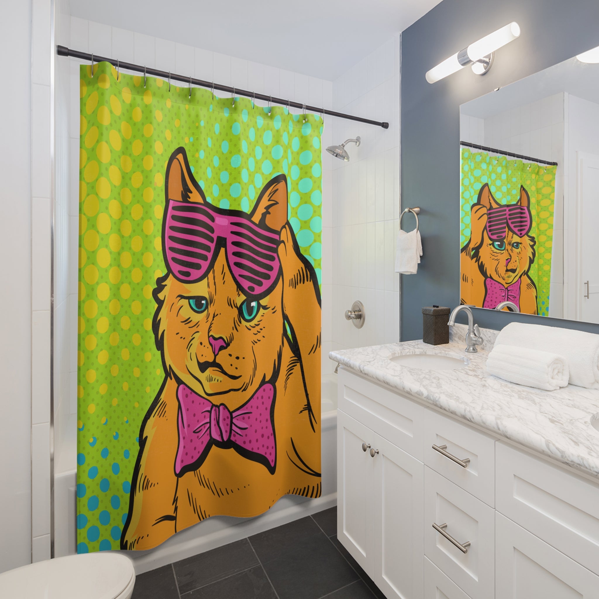Vibrant Cat Shower Curtain, Funky Bathroom Decor, Cat Lover Gift, Home and Kitchen Accessories, Fun Retro Style, Unique Bathroom Design