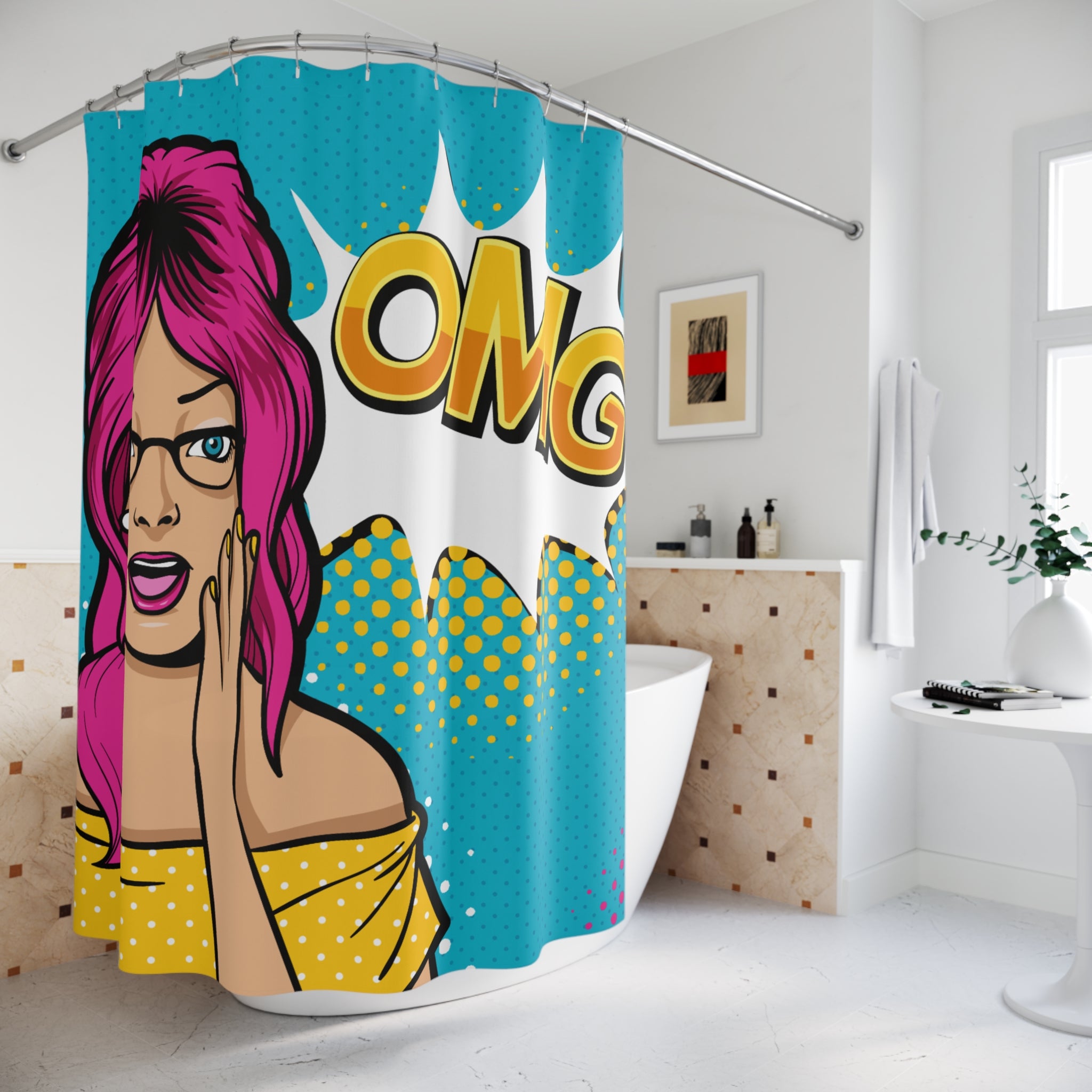 OMG Pop Art Shower Curtain - Fun Bathroom Decor, Gift for Her, Retro Style, Home Accessories, Unique Gift Idea