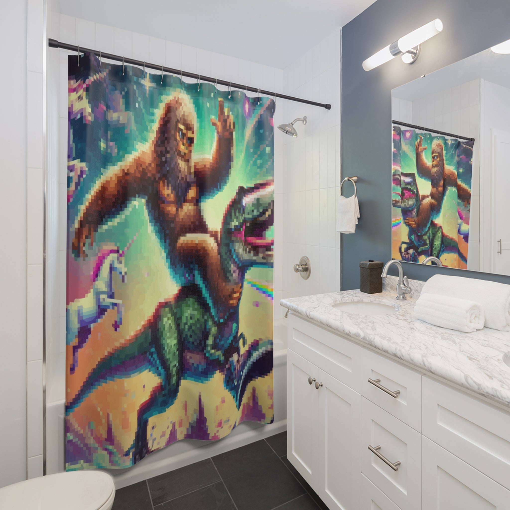 Pixelated Sasquatch Riding Dinosaur Shower Curtain