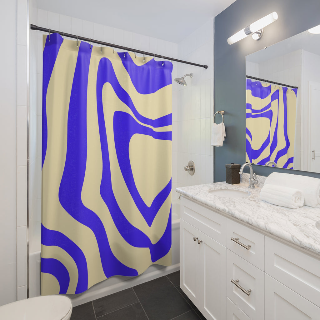 Modern Blue Abstract Shower Curtain, Trendy Bathroom Decor, Waves Design, Blue and Cream Patterned Curtains, Unique Gift for Home