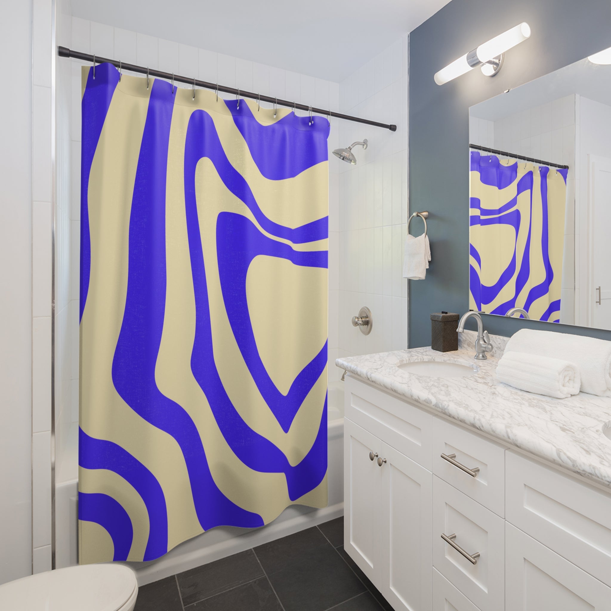 Modern Blue Abstract Shower Curtain, Trendy Bathroom Decor, Waves Design, Blue and Cream Patterned Curtains, Unique Gift for Home