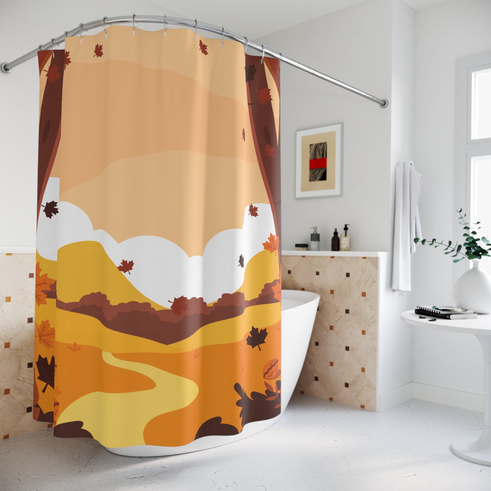 Autumn Landscape Shower Curtain, Fall Decor, Bathroom Accessories, Seasonal Home Decor, Leaf Pattern, Nature Vibes