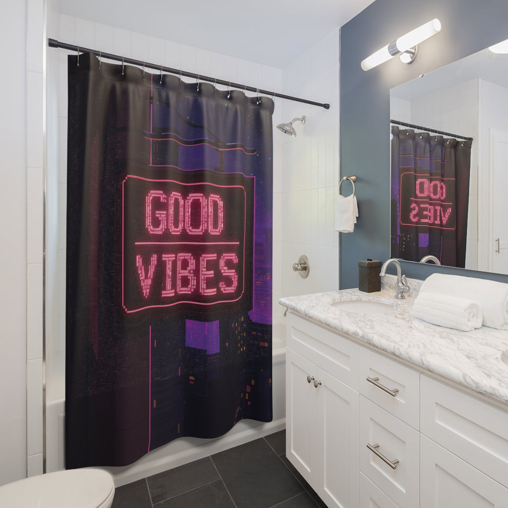 Pixelated Good Vibes City Sign Shower Curtain