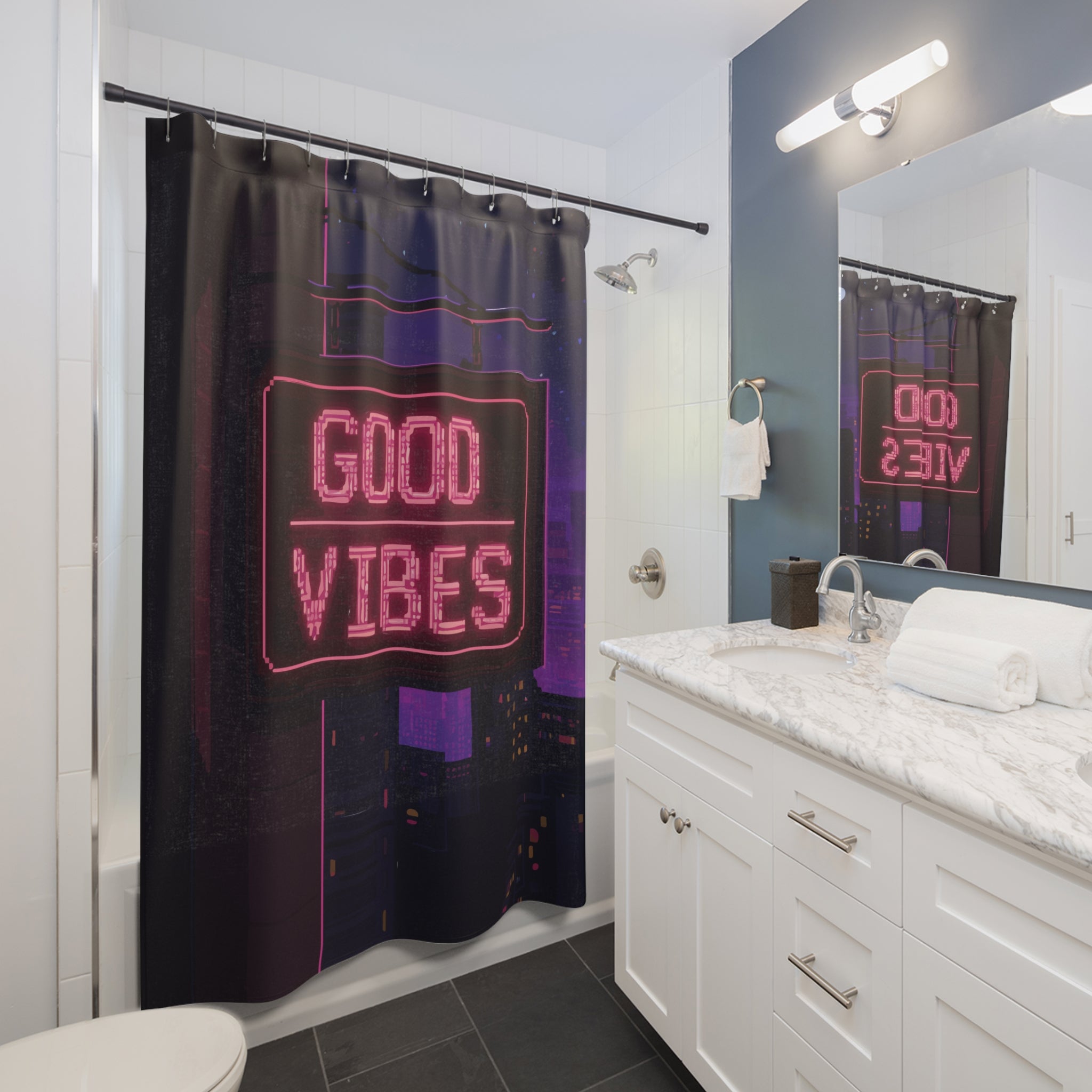 Pixelated Good Vibes City Sign Shower Curtain