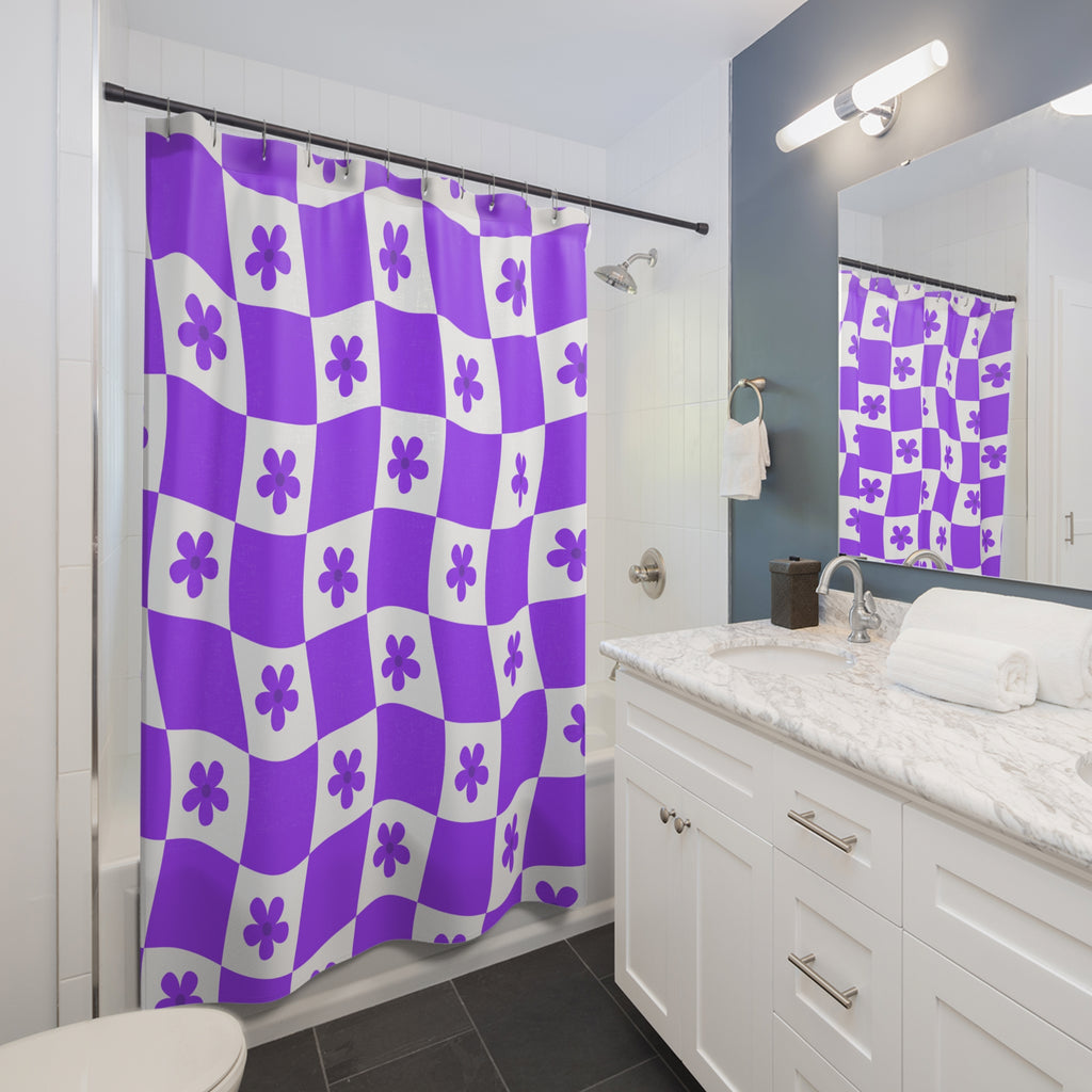 Vibrant Purple Checkered and Floral Shower Curtain