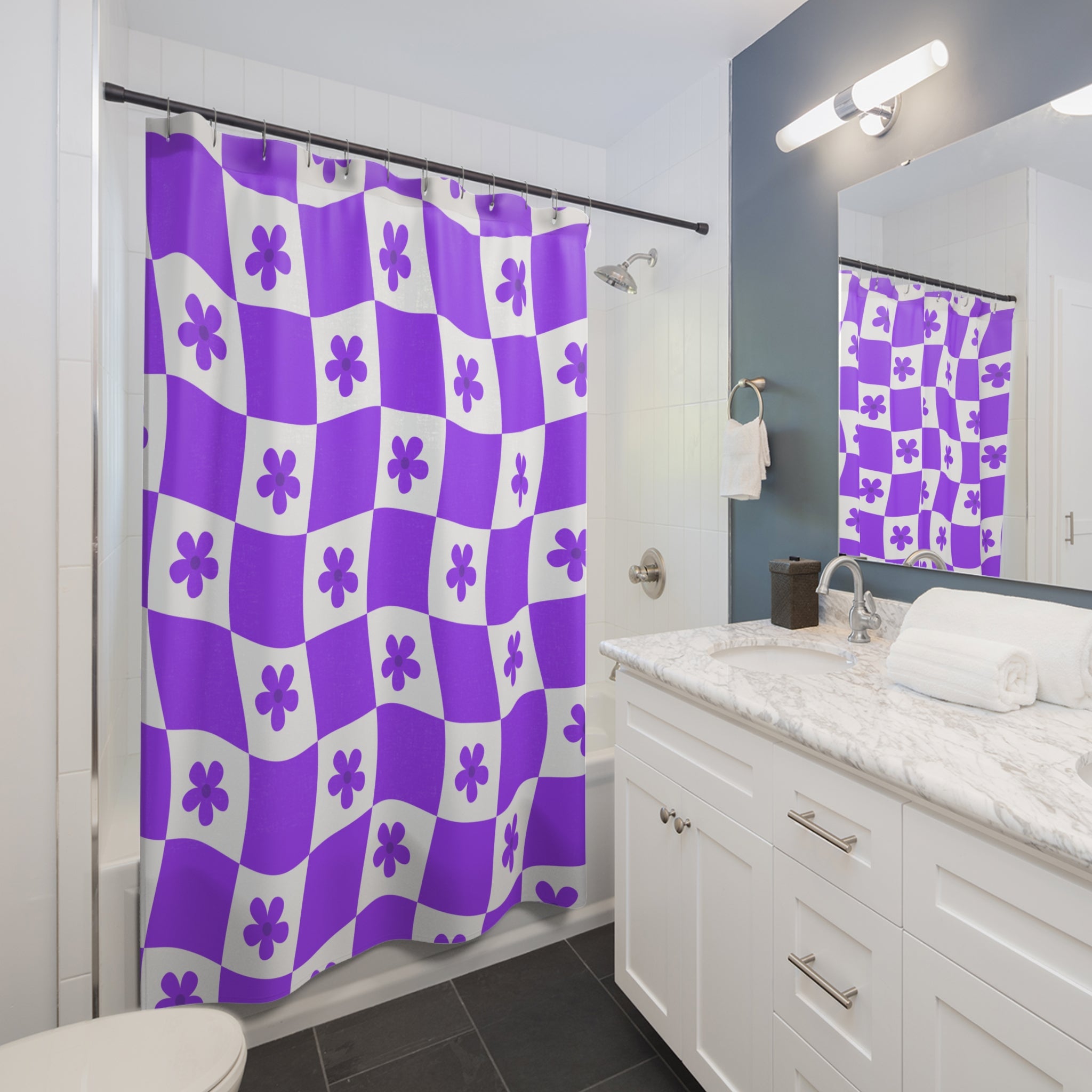 Vibrant Purple Checkered and Floral Shower Curtain