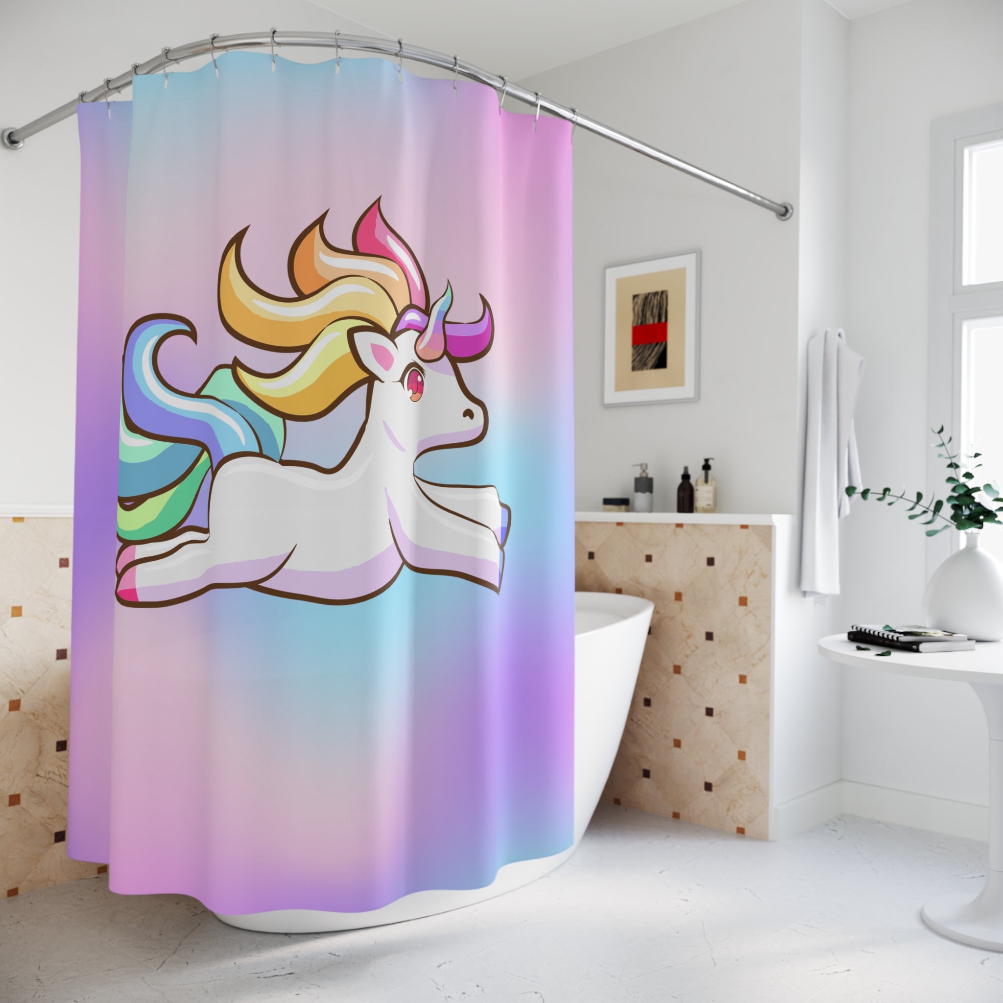 Jumping Unicorn Shower Curtain, Magical Bathroom Decor, Kid's Bathroom, Fantasy Gift, Colorful Home Accents, Whimsical Design