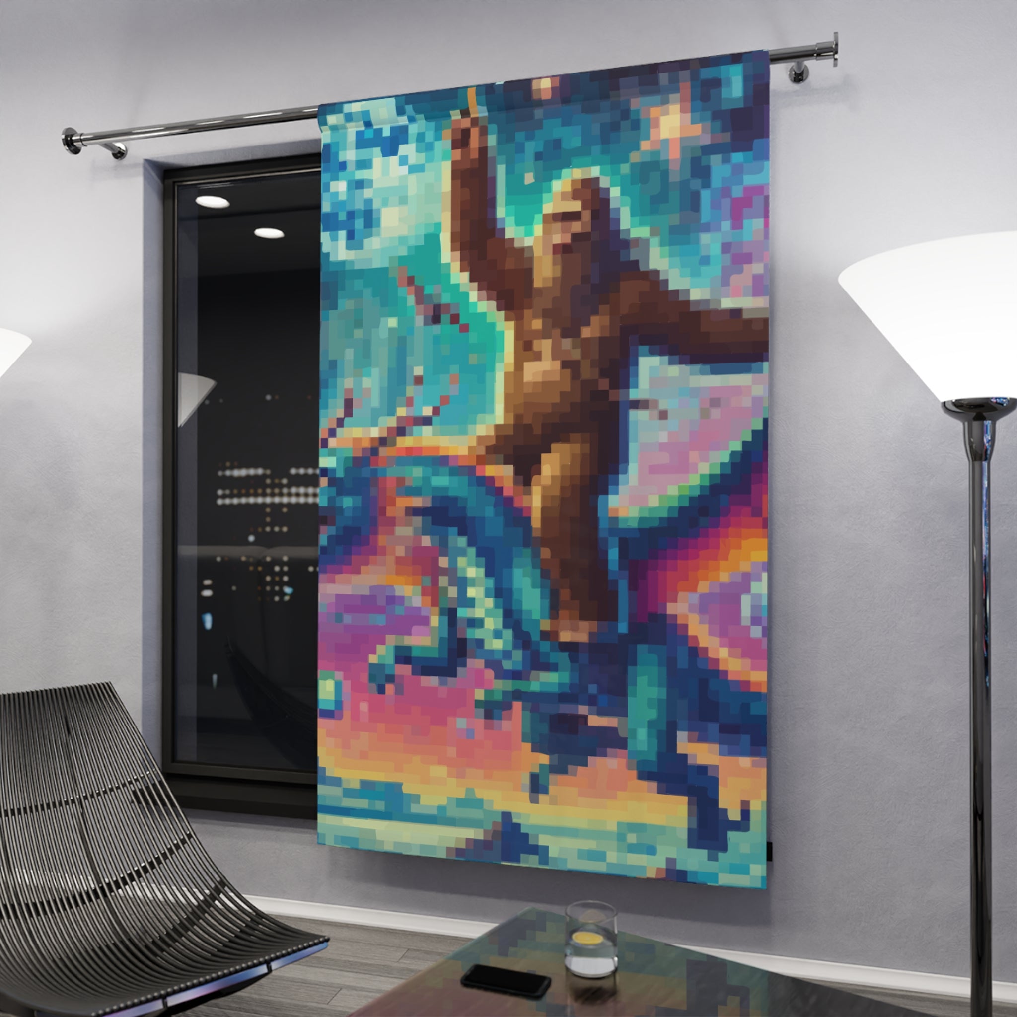 Cosmic Pixelated Bigfoot and Dragon Blackout Window Curtain