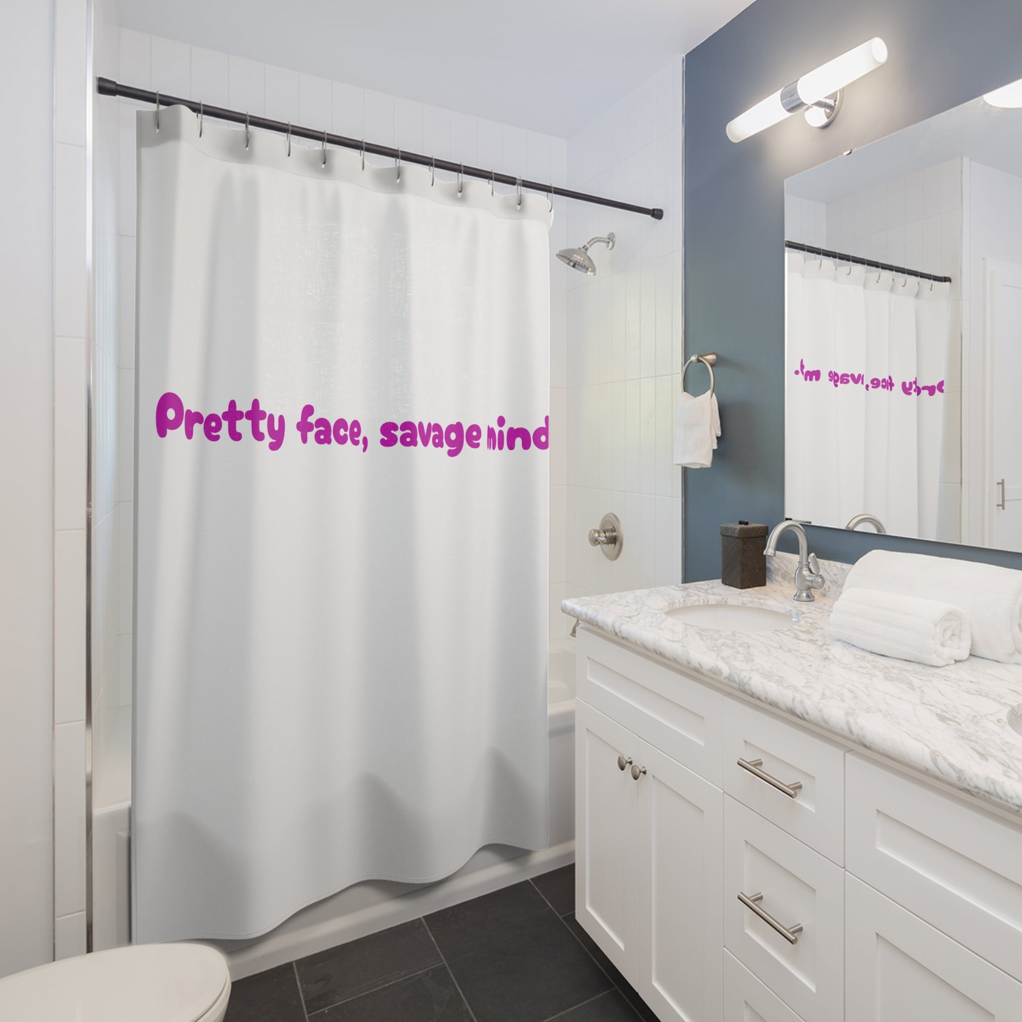Pretty face, savage mind. Hottie Quote Shower Curtain