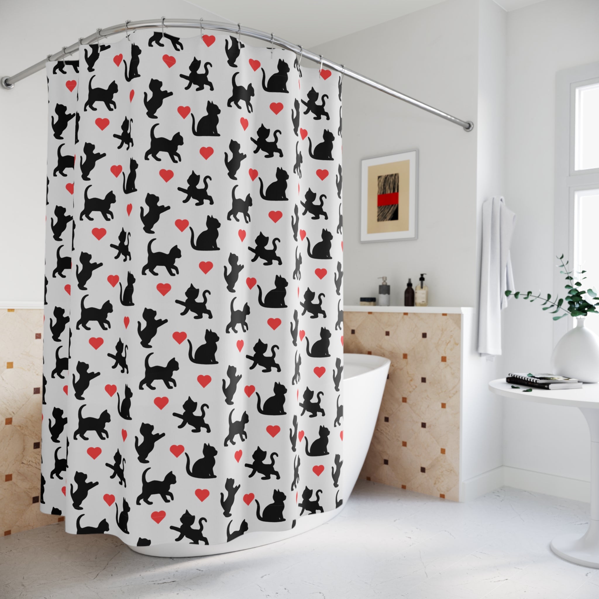 Adorable Lovely Kitty Cats and Heart Shower Curtain, Pet Lover Gift, Bathroom Decor, Kitty-Themed, Cat Lover's Home, Valentines Day Decoration
