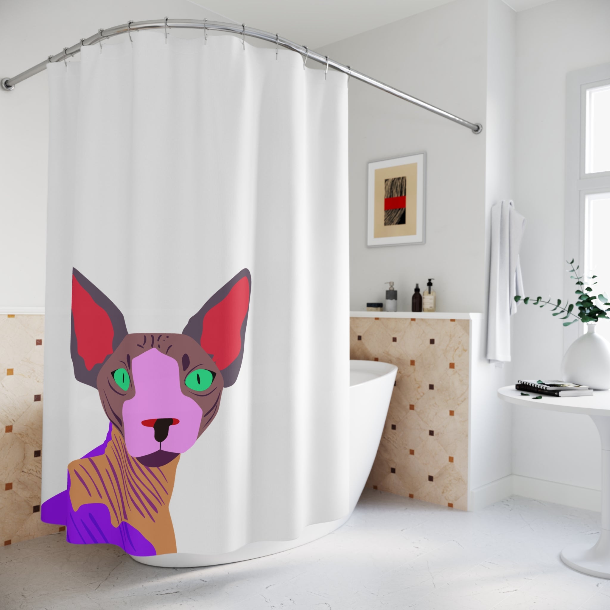 Bold AF Colorful Sphynx Cat on Off White Shower Curtain