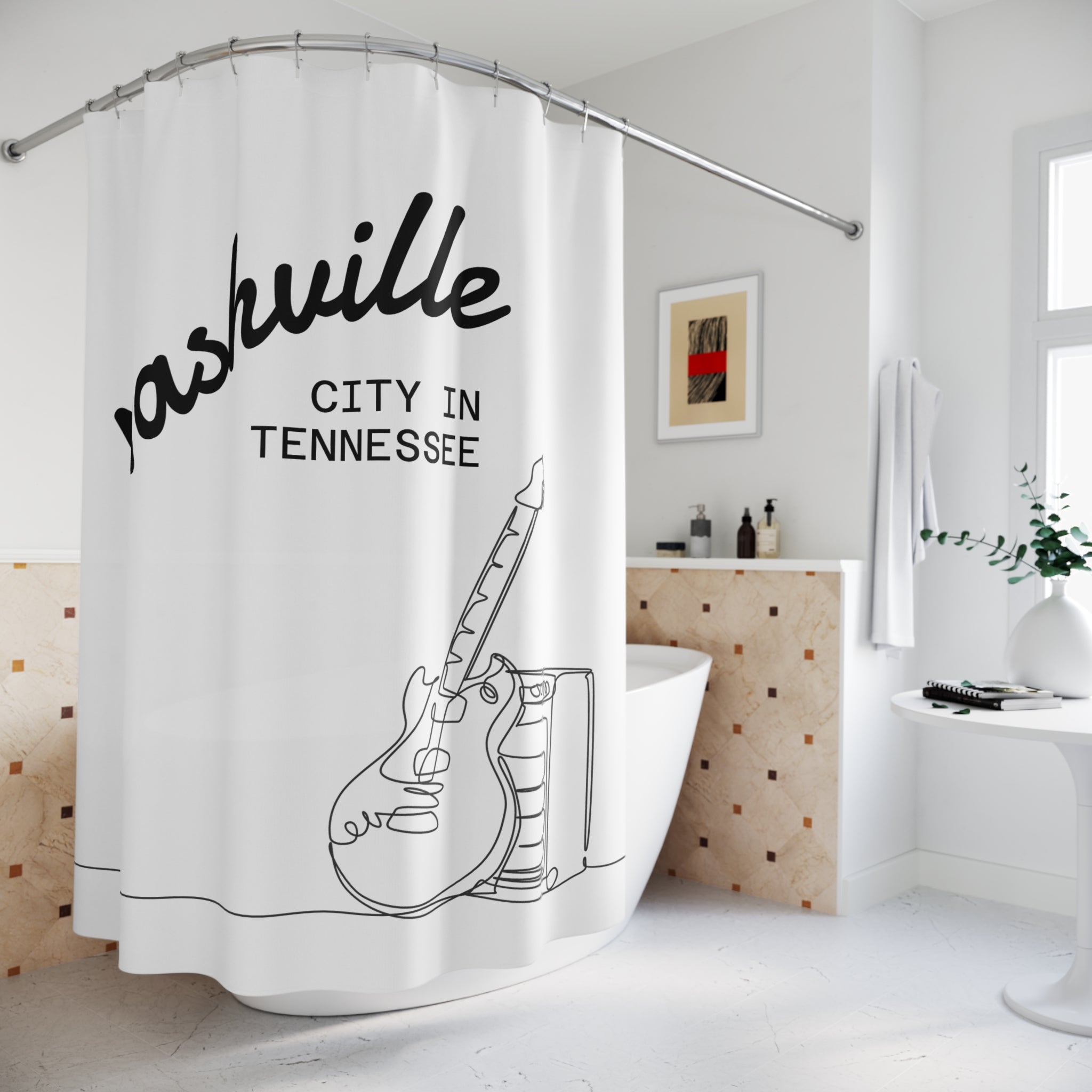 Guitar-Themed Shower Curtain Nashville City in Tennessee | Music Lover's Bathroom Decor, Music Gift, Home Accessories, Unique Bathroom Art, Rock & Roll Style