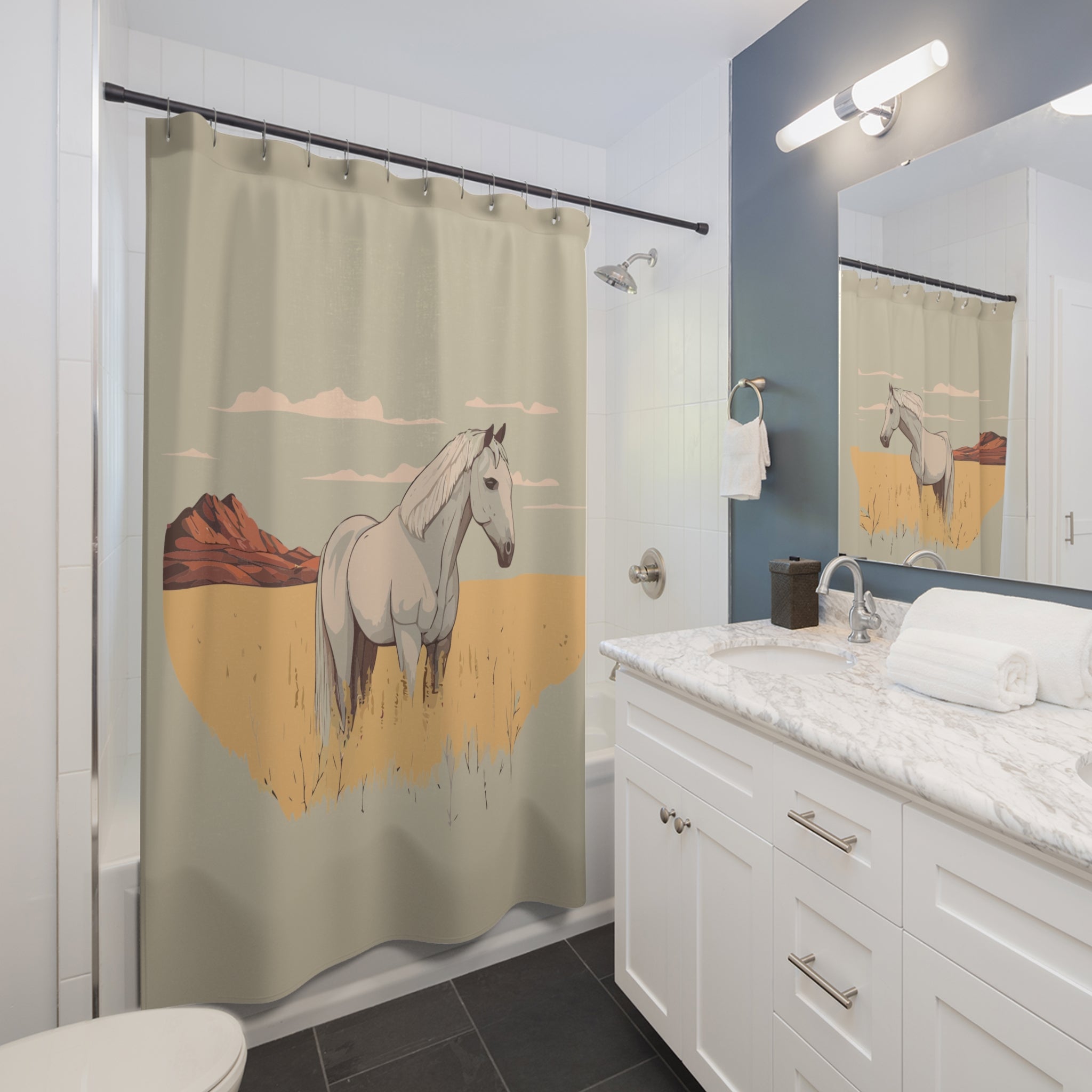 Horse Landscape Shower Curtain | Bohemian Bathroom Decor, Equestrian Gifts, Nature-Themed Home, Unique Shower Drapes, Horse Lover Decor