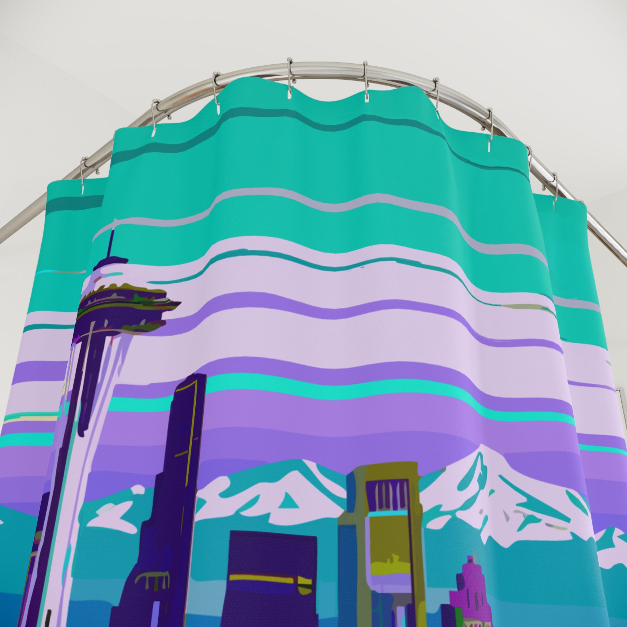 Seattle Greenish Skyline Design Shower Curtain