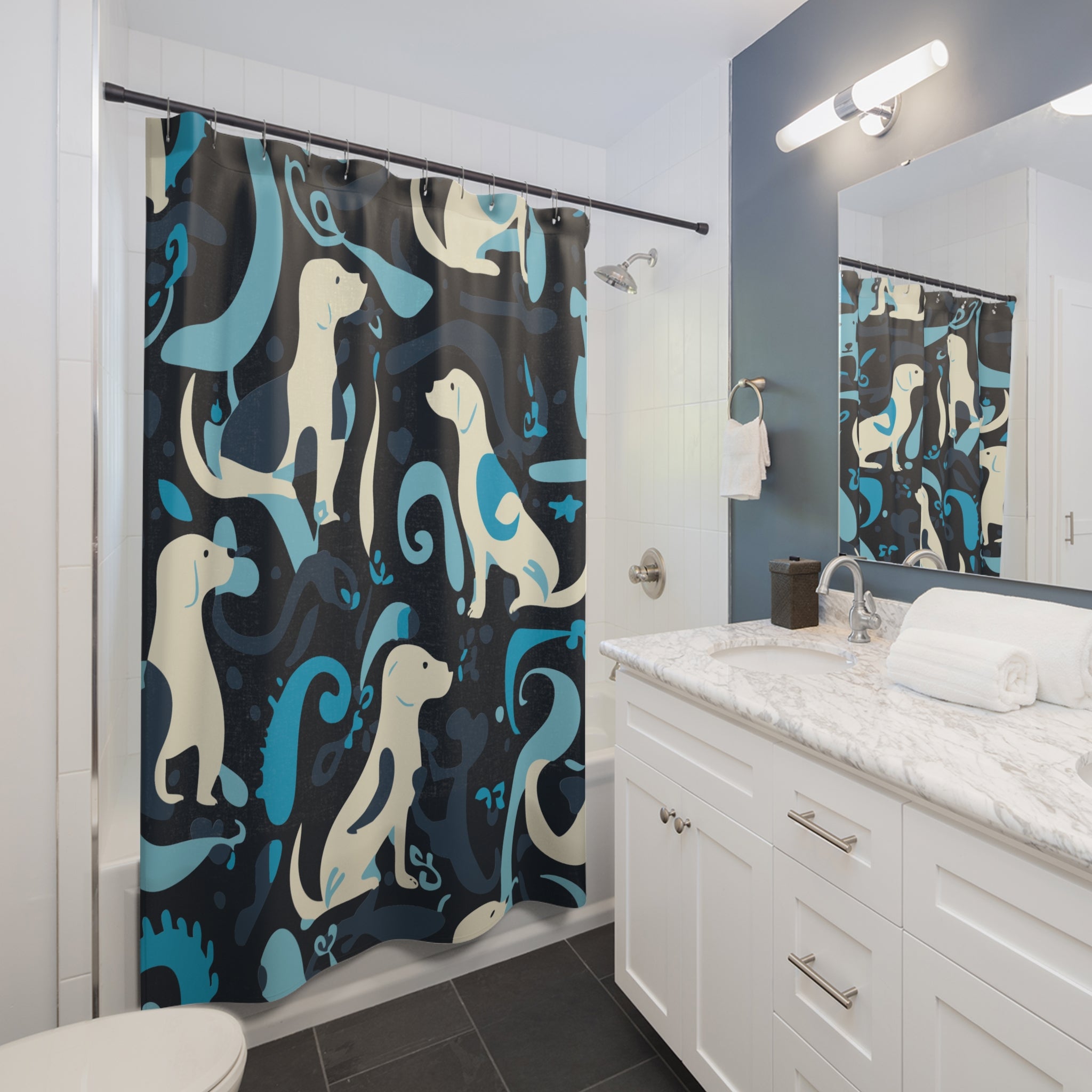 Whimsical Bluish Dog Swirl Shower Curtain