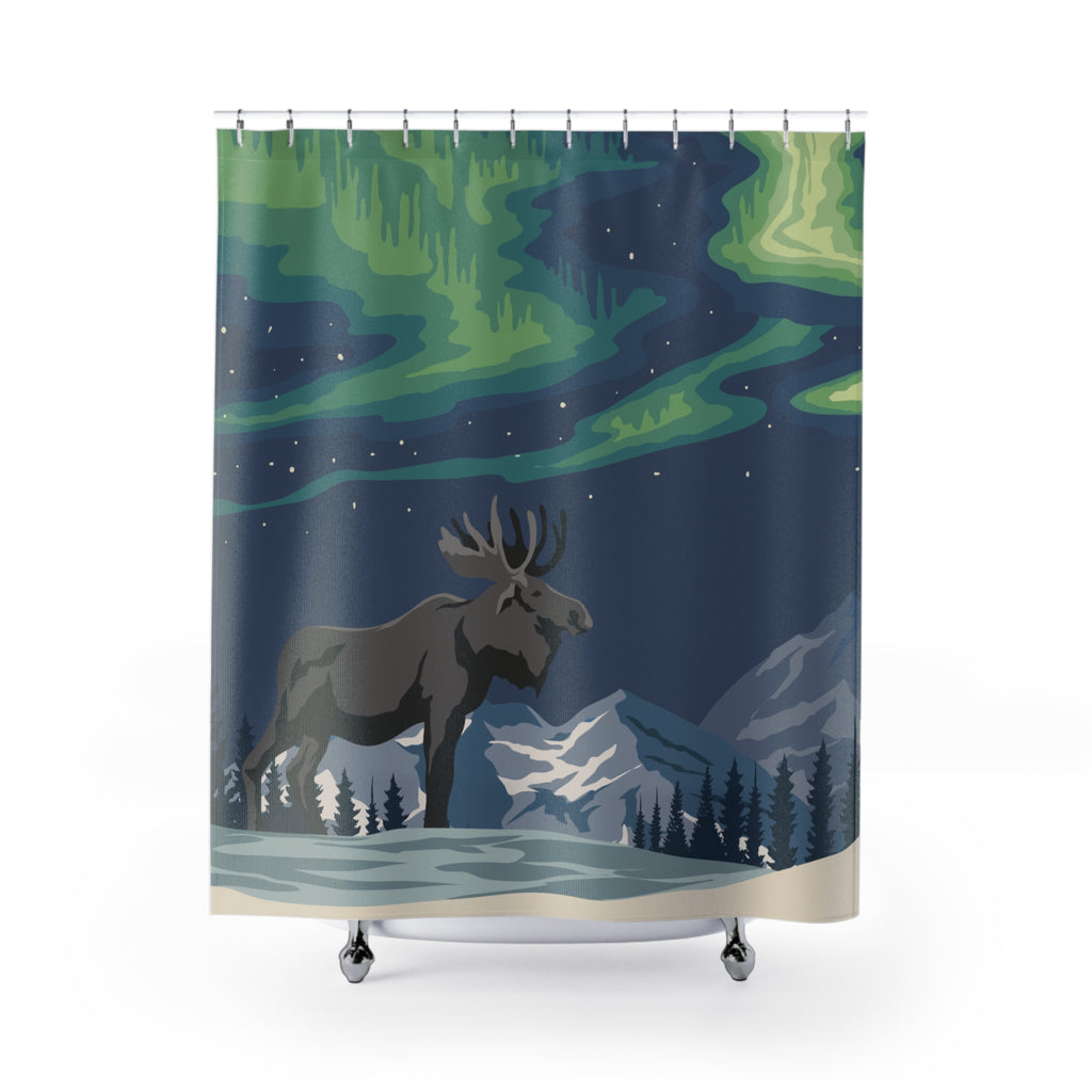 Alaskan Moose Under Northern Lights Shower Curtain – Nature-Inspired Bathroom Decor, Home Gift, Rustic Lodge, Wildlife Theme, Cabin Style