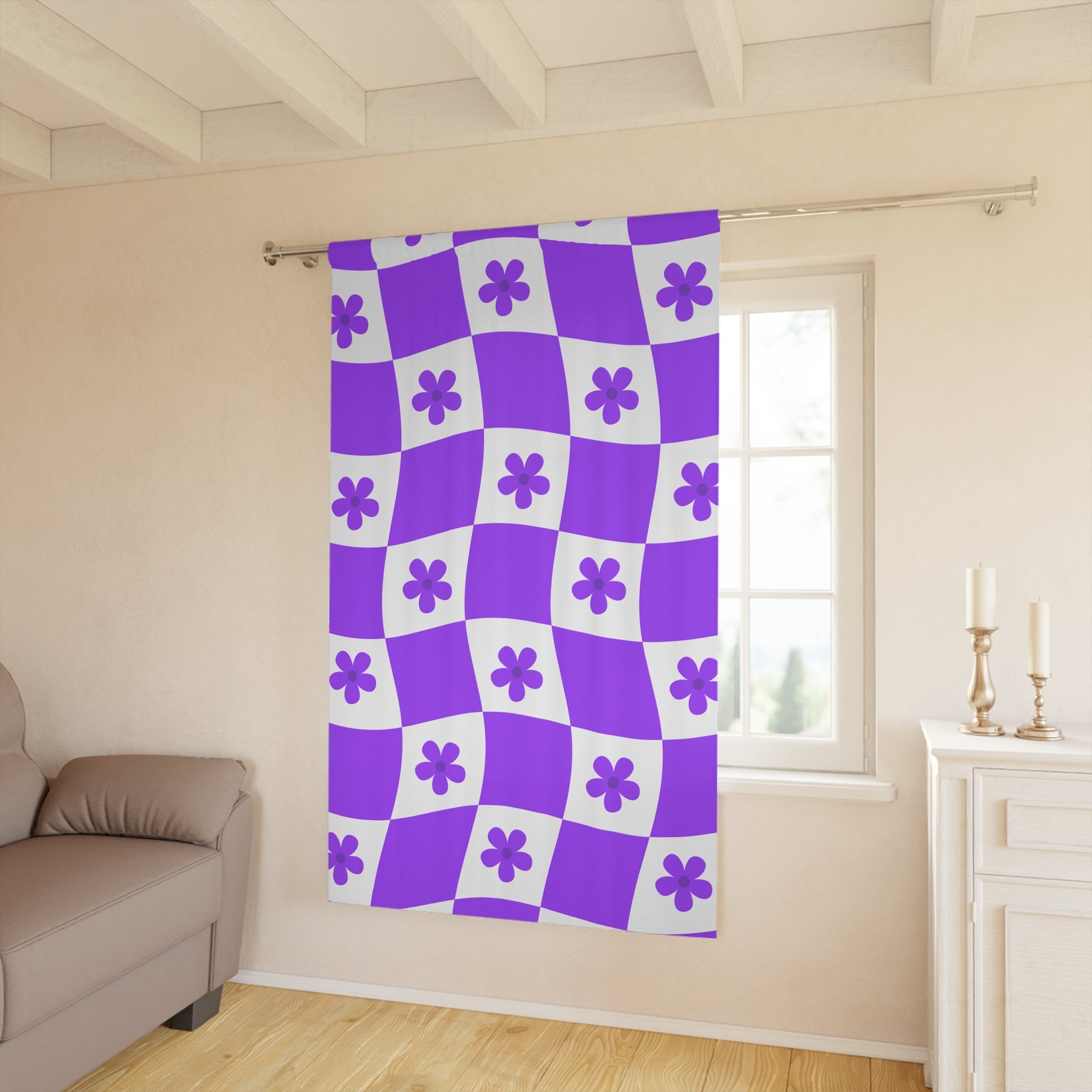 Vibrant Purple Checkered and Floral Blackout Window Curtain