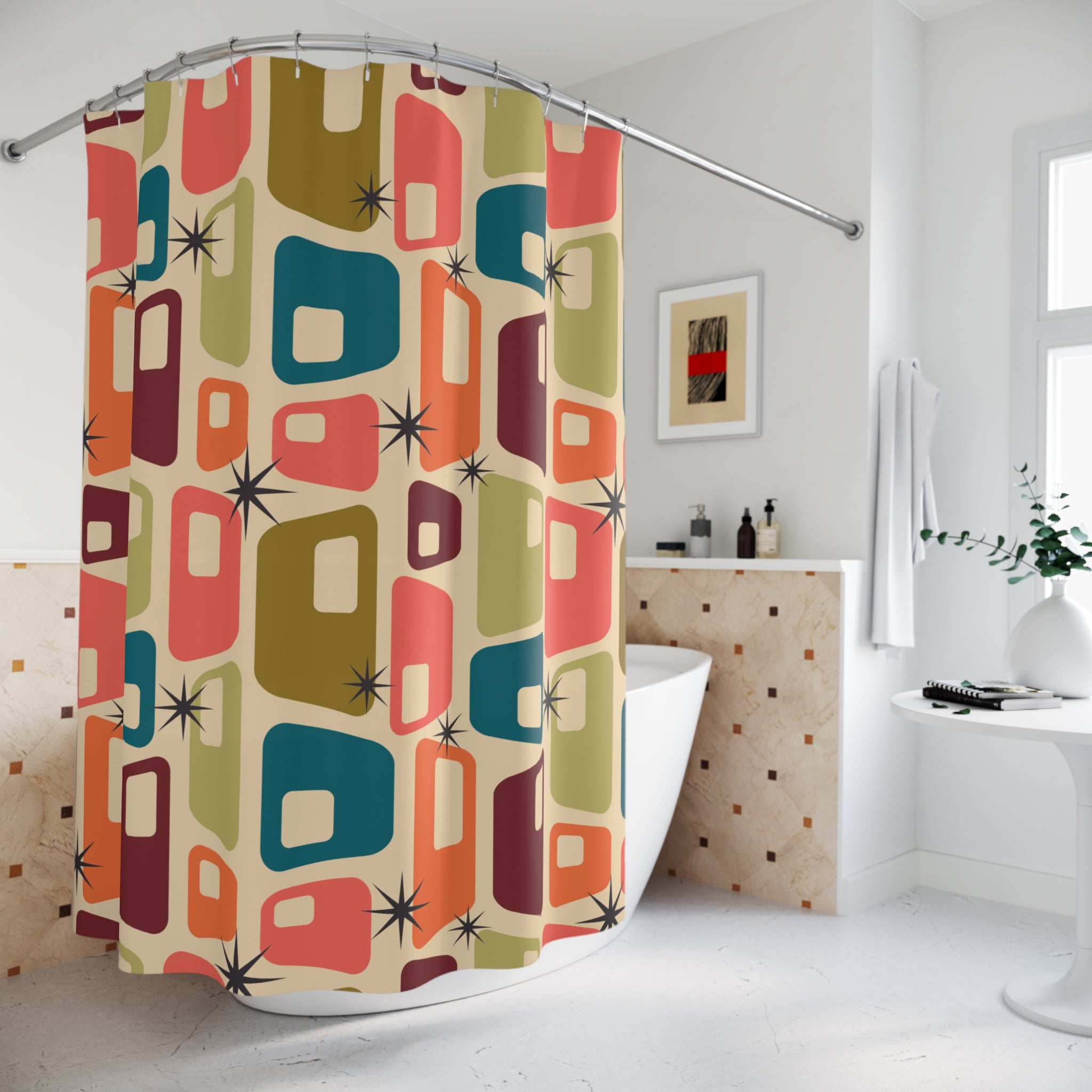 Retro Hanna Geometric Shower Curtain, Mid-Century Decor, Bathroom Makeover, Colorful Bath Accessory, Gift for Homeowners