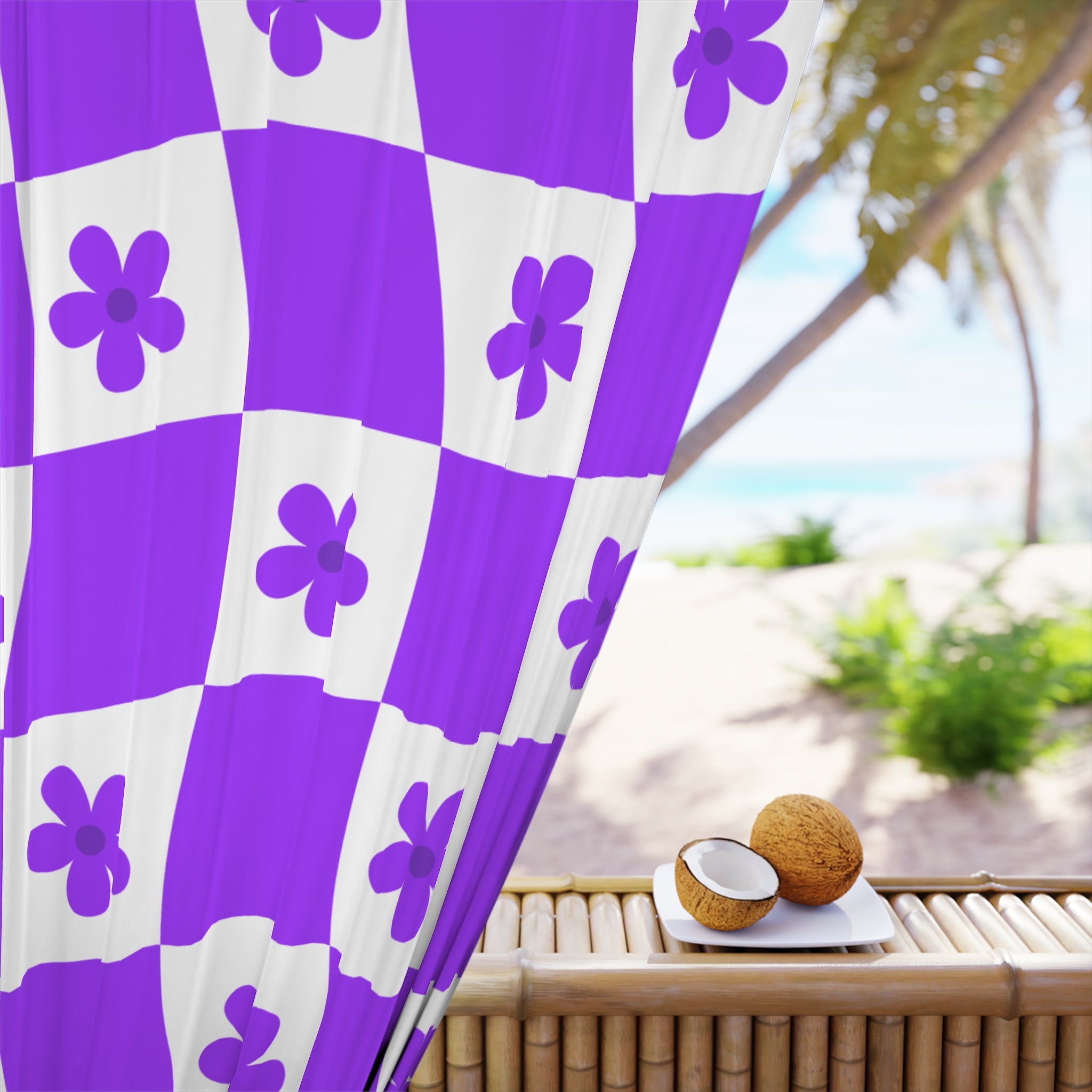 Vibrant Purple Checkered and Floral Blackout Window Curtain