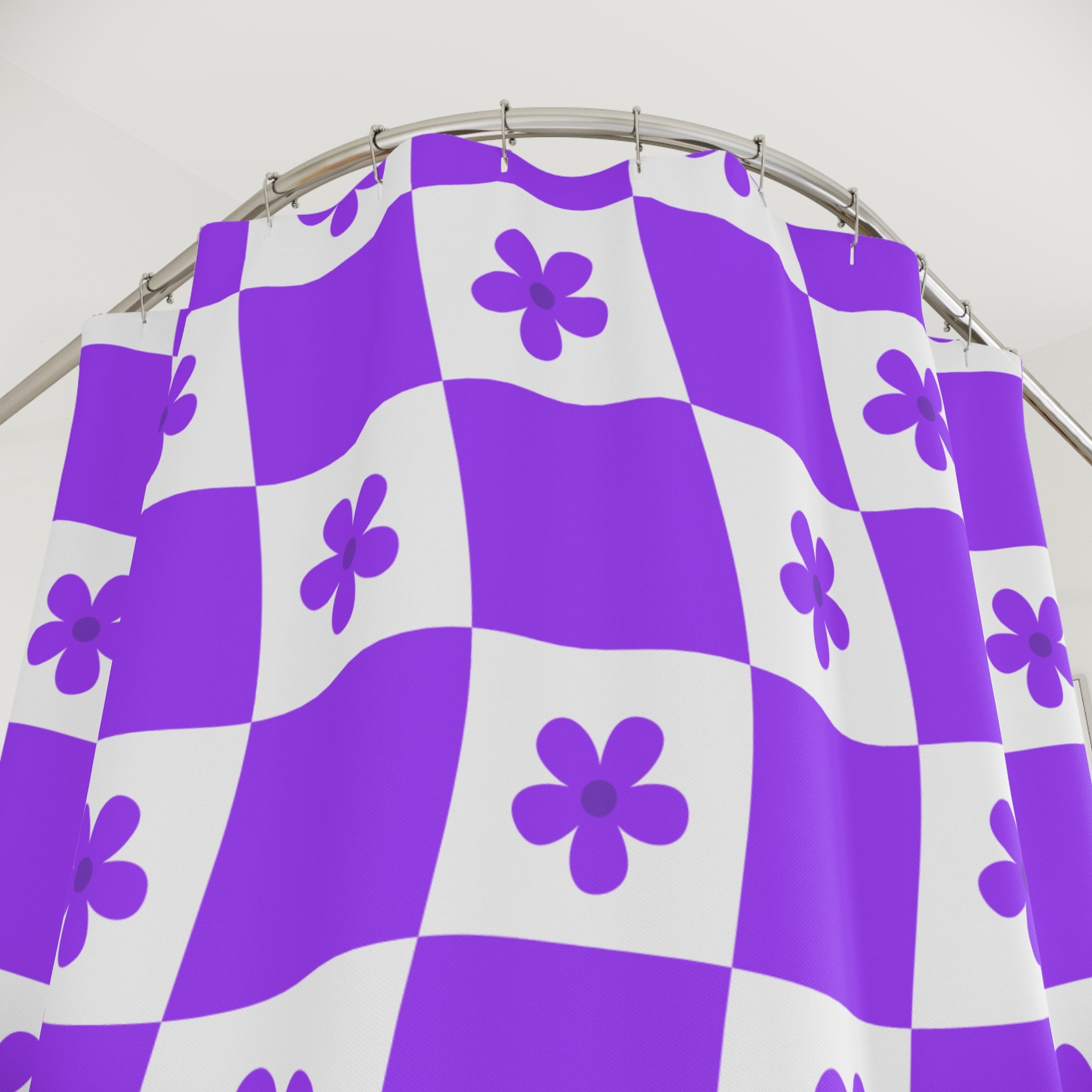 Vibrant Purple Checkered and Floral Shower Curtain