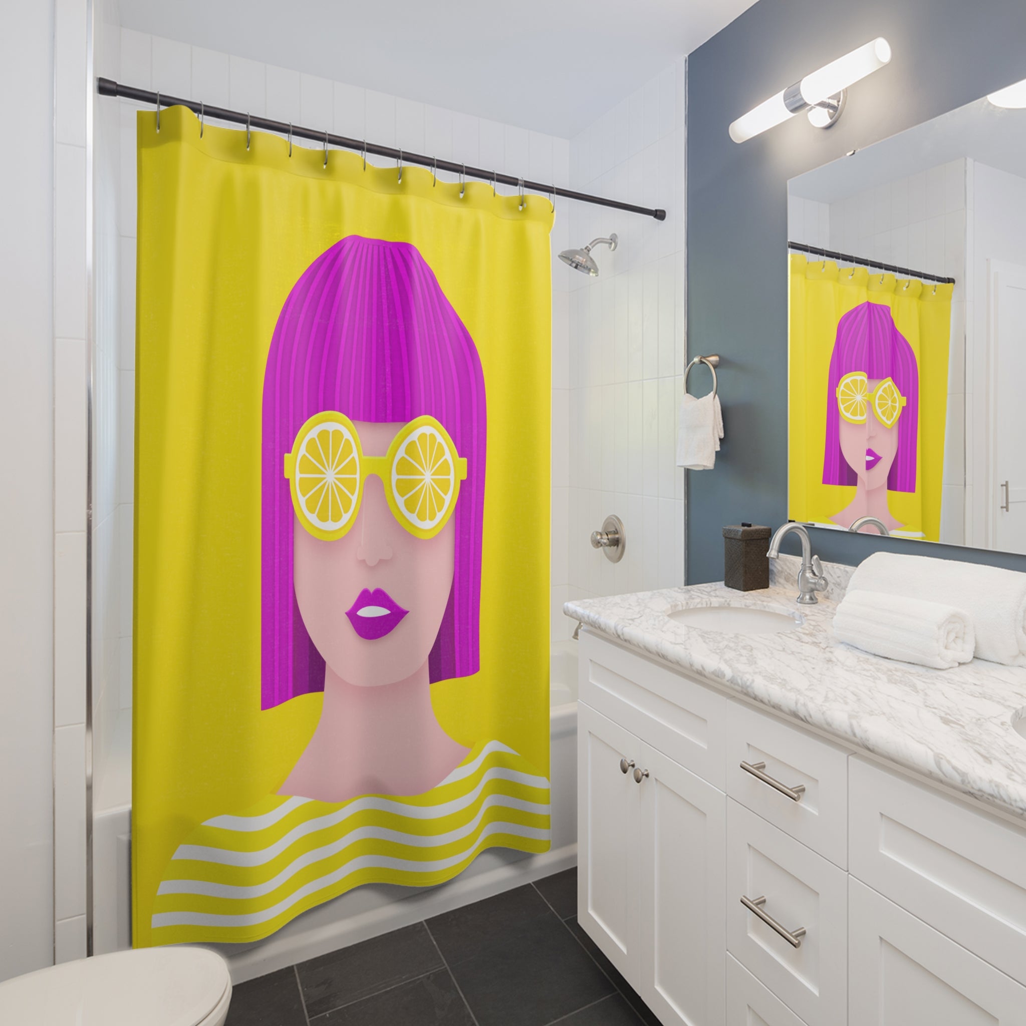 Vibrant Retro Woman Shower Curtain with Lemon Sunglasses Design, Fun Bathroom Decor, Colorful Home Accent, Gift for Summer Lovers, Brighten [...]