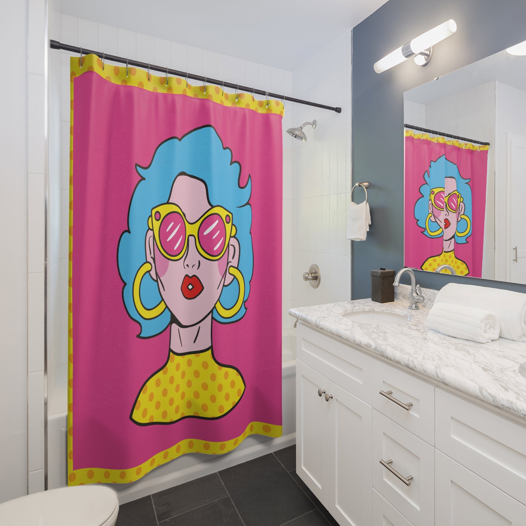 Vibrant Retro Shower Curtain Featuring Cool Sunglass Girl | Fun Bathroom Decor, Pop Art Style, Bright Colors, Unique Gift Idea, Quirky [...]